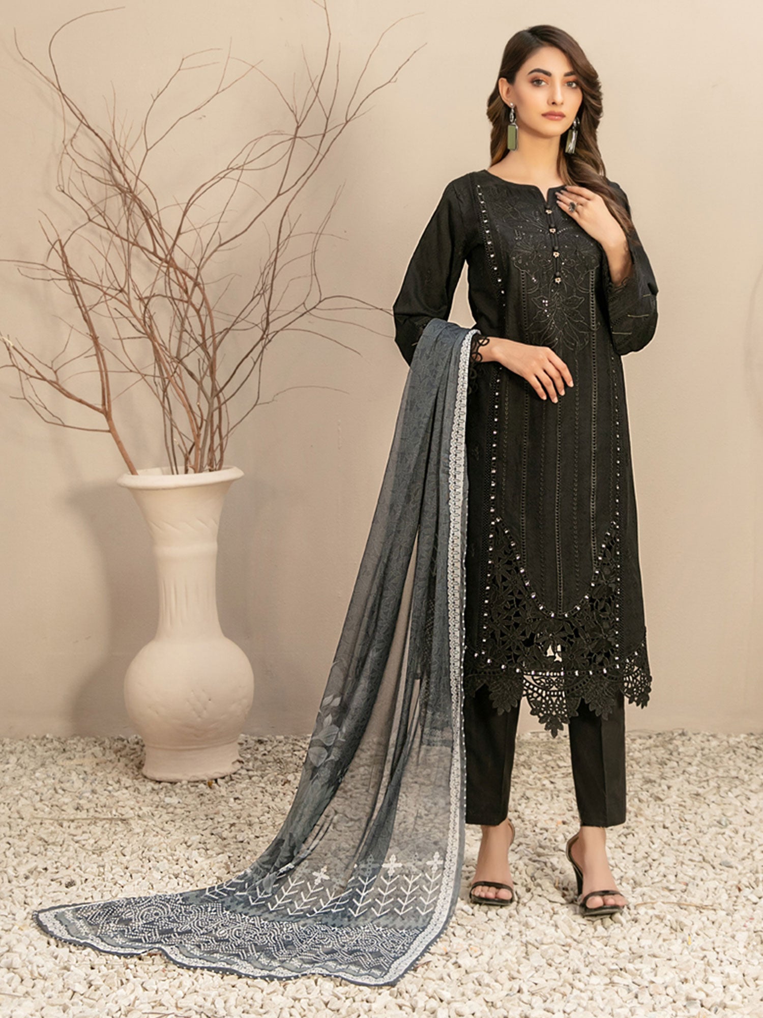 Tawakkal "Elzeena" Black Embroidered Jacquard Lawn Suit (D2868)