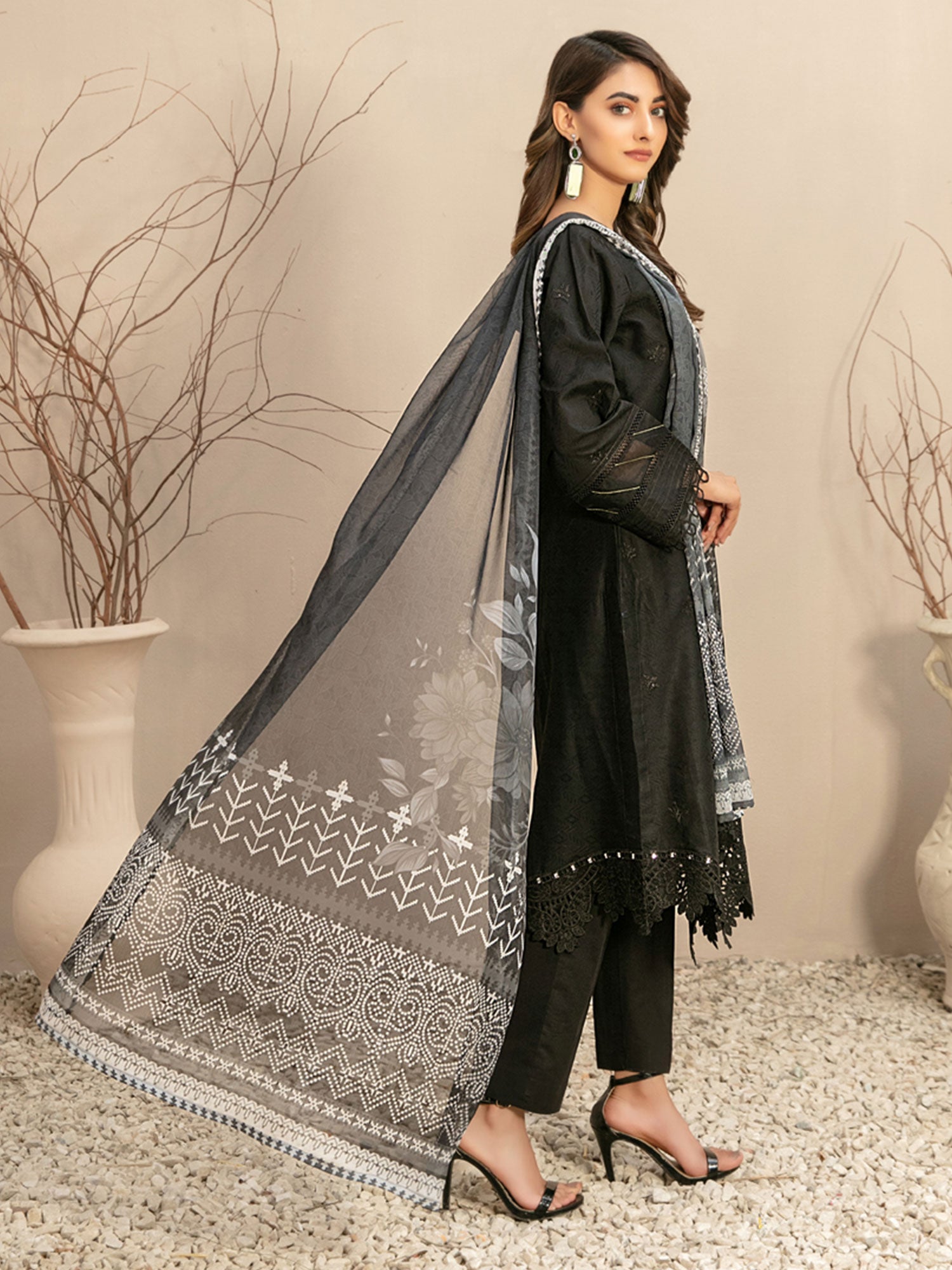 Tawakkal "Elzeena" Black Embroidered Jacquard Lawn Suit (D2868)