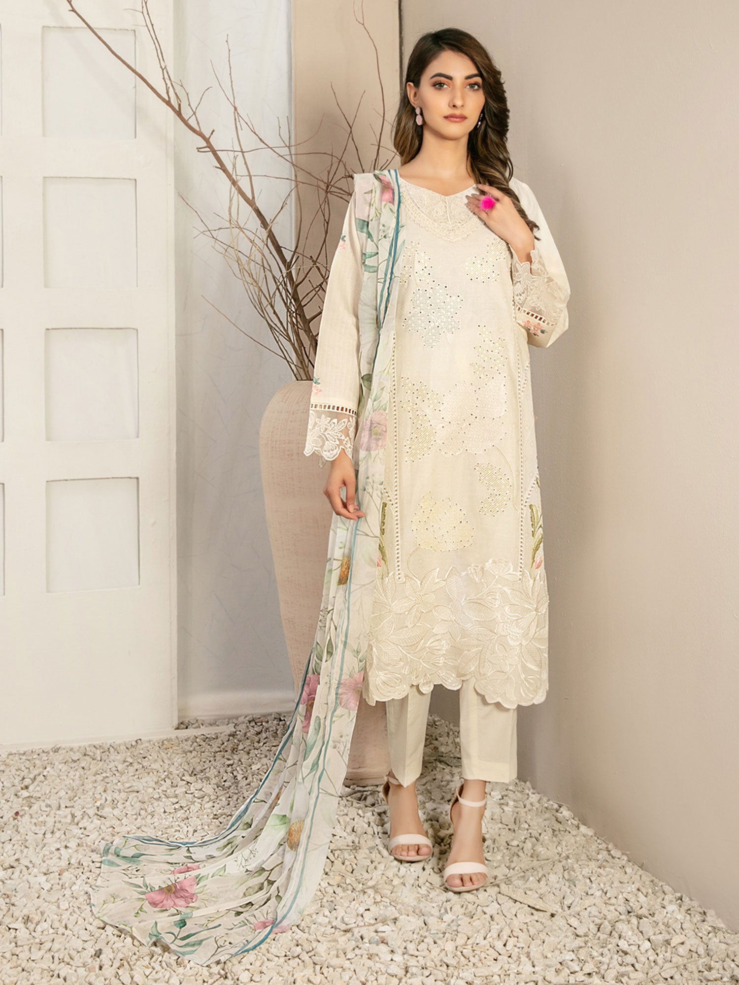 Tawakkal "Elzeena" Off-White Embroidered Jacquard Lawn Suit (D2869)