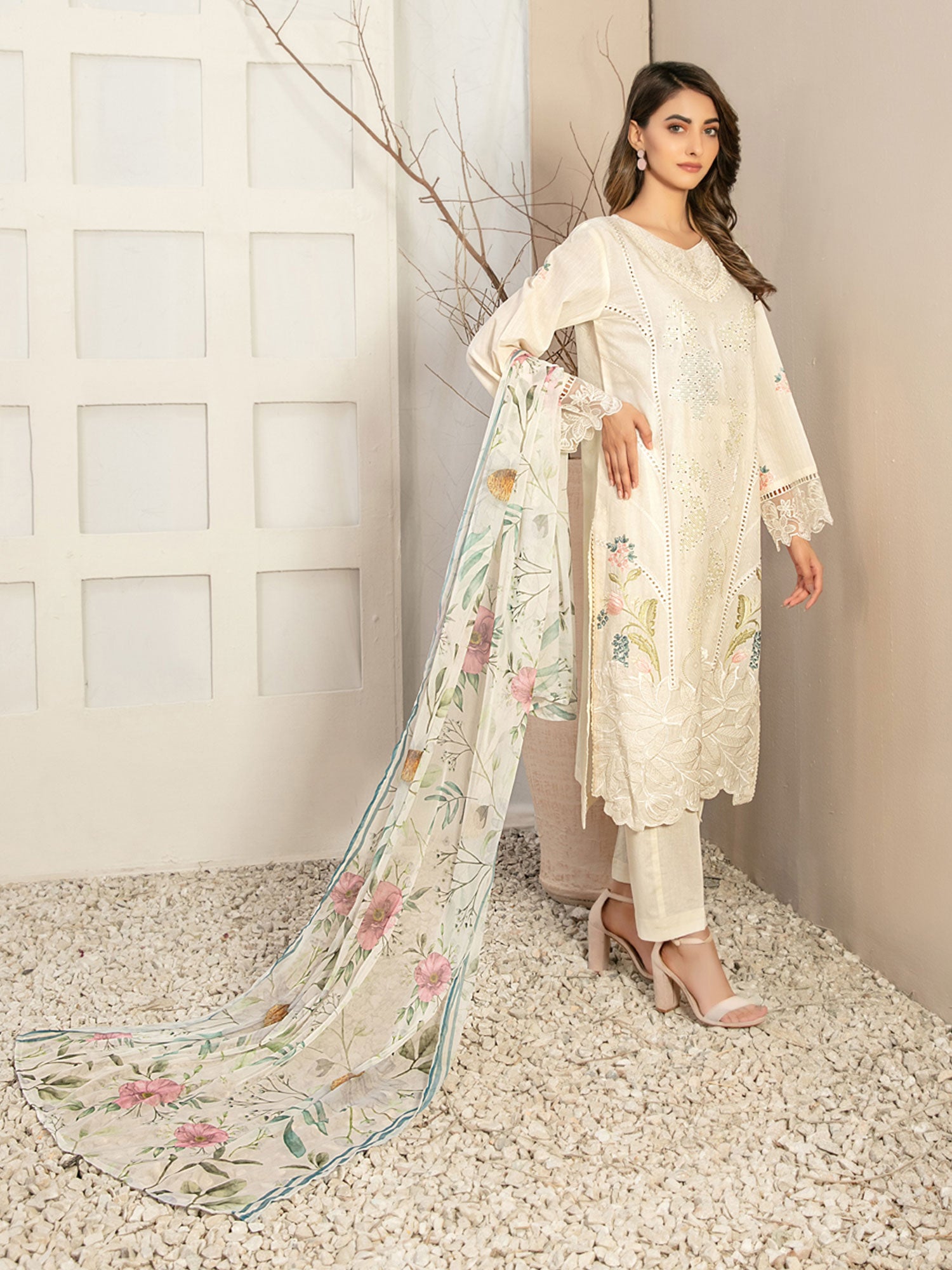 Tawakkal "Elzeena" Off-White Embroidered Jacquard Lawn Suit (D2869)