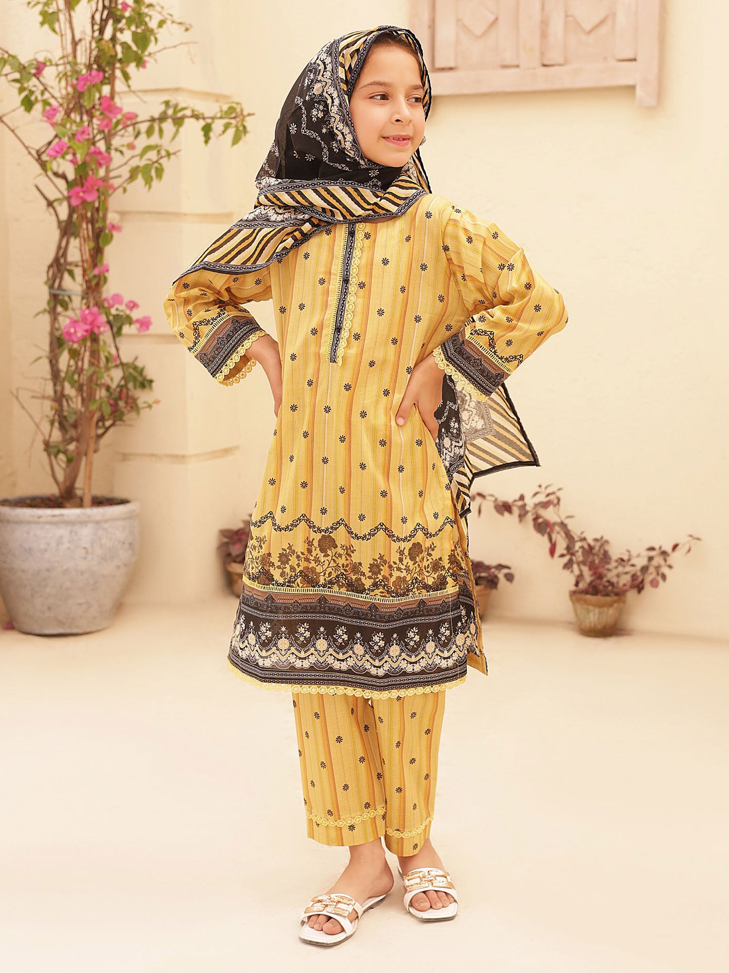 Mother-Daughter Lawn Casual 3-Piece Suit - Yellow