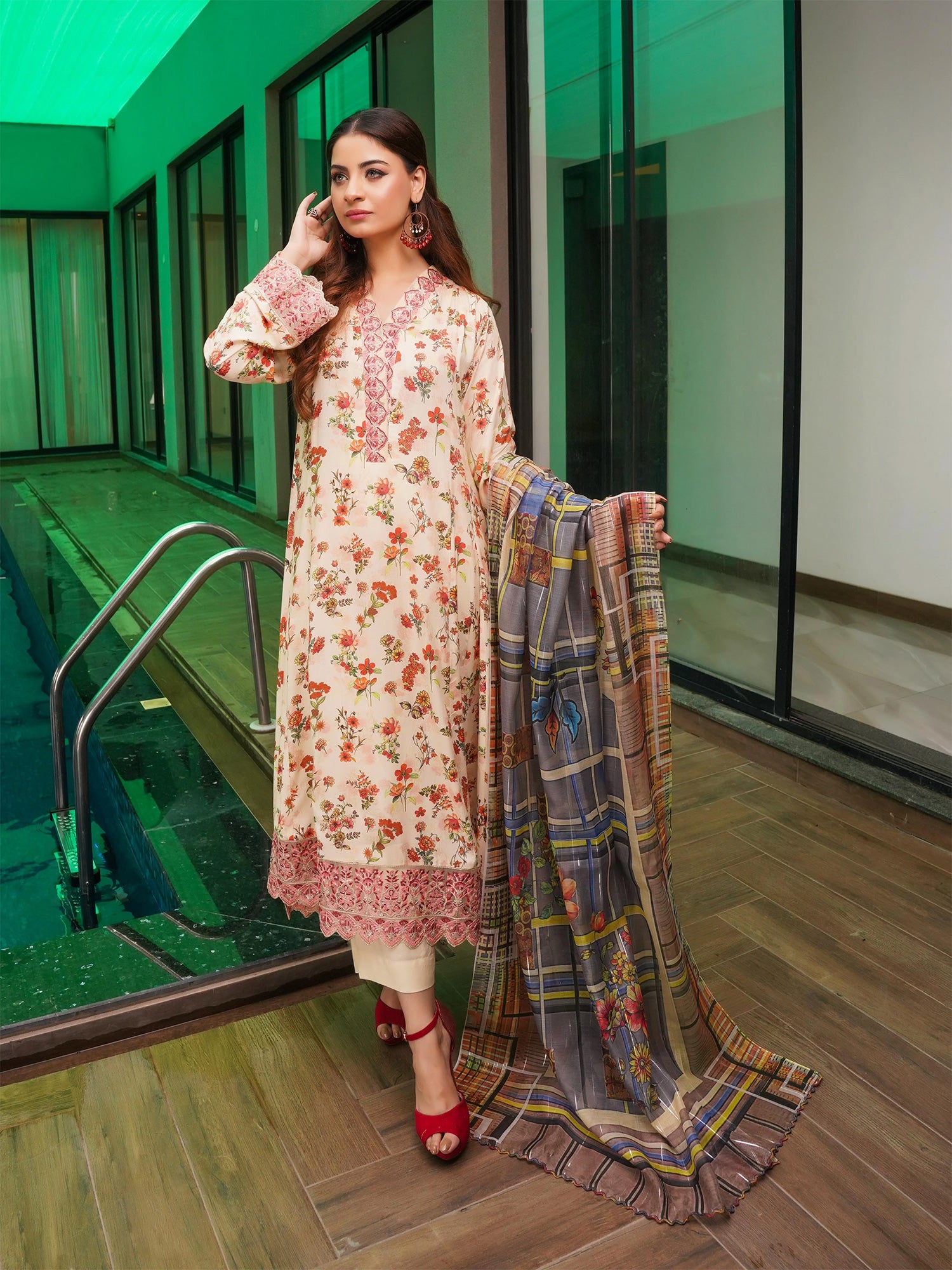 Munira Linen Long Frock Suit (MSL-04) - Cream