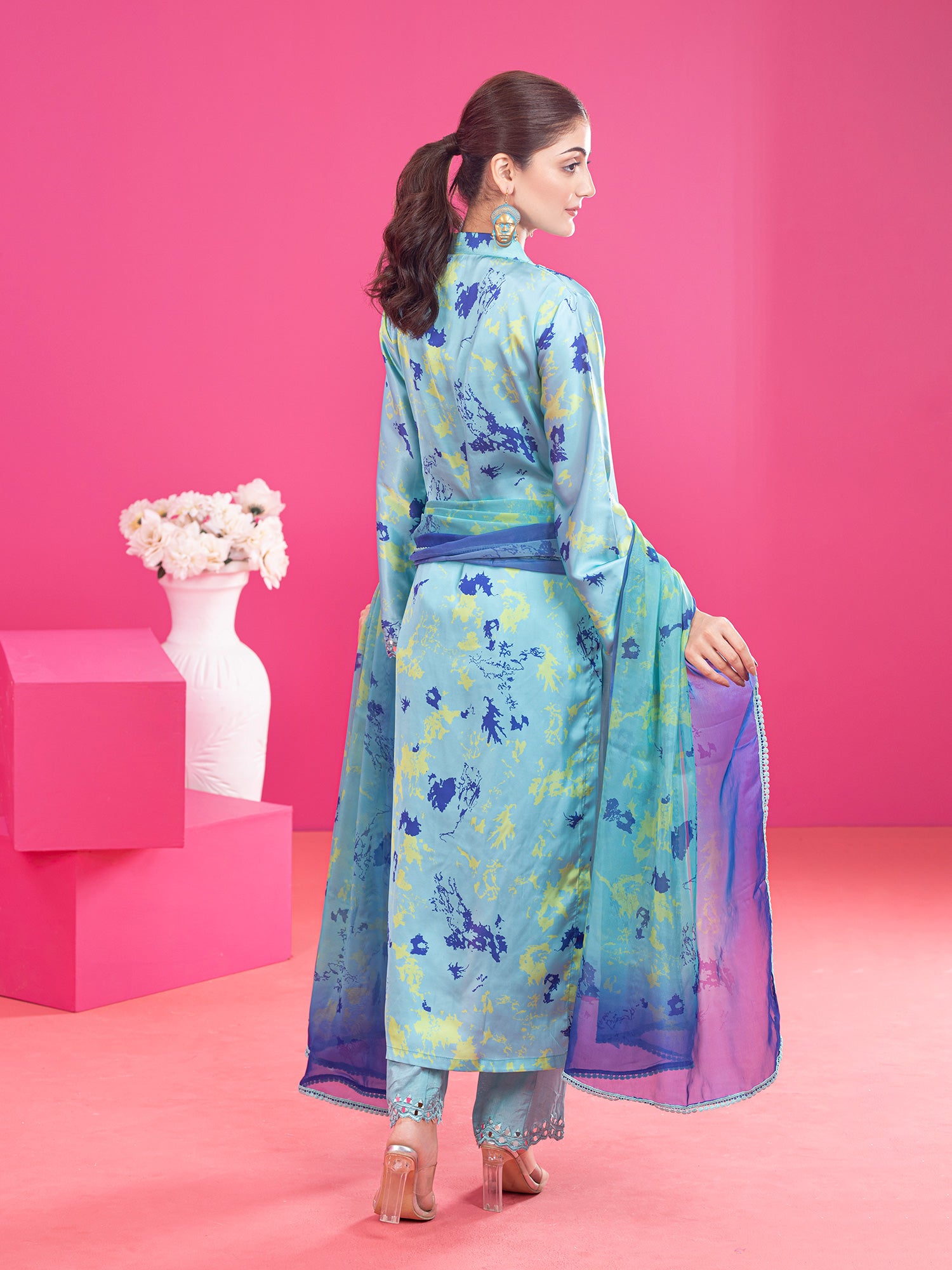 Wardah Uzair Tie & Dye Silk 3-Piece Suit - Aqua Blue