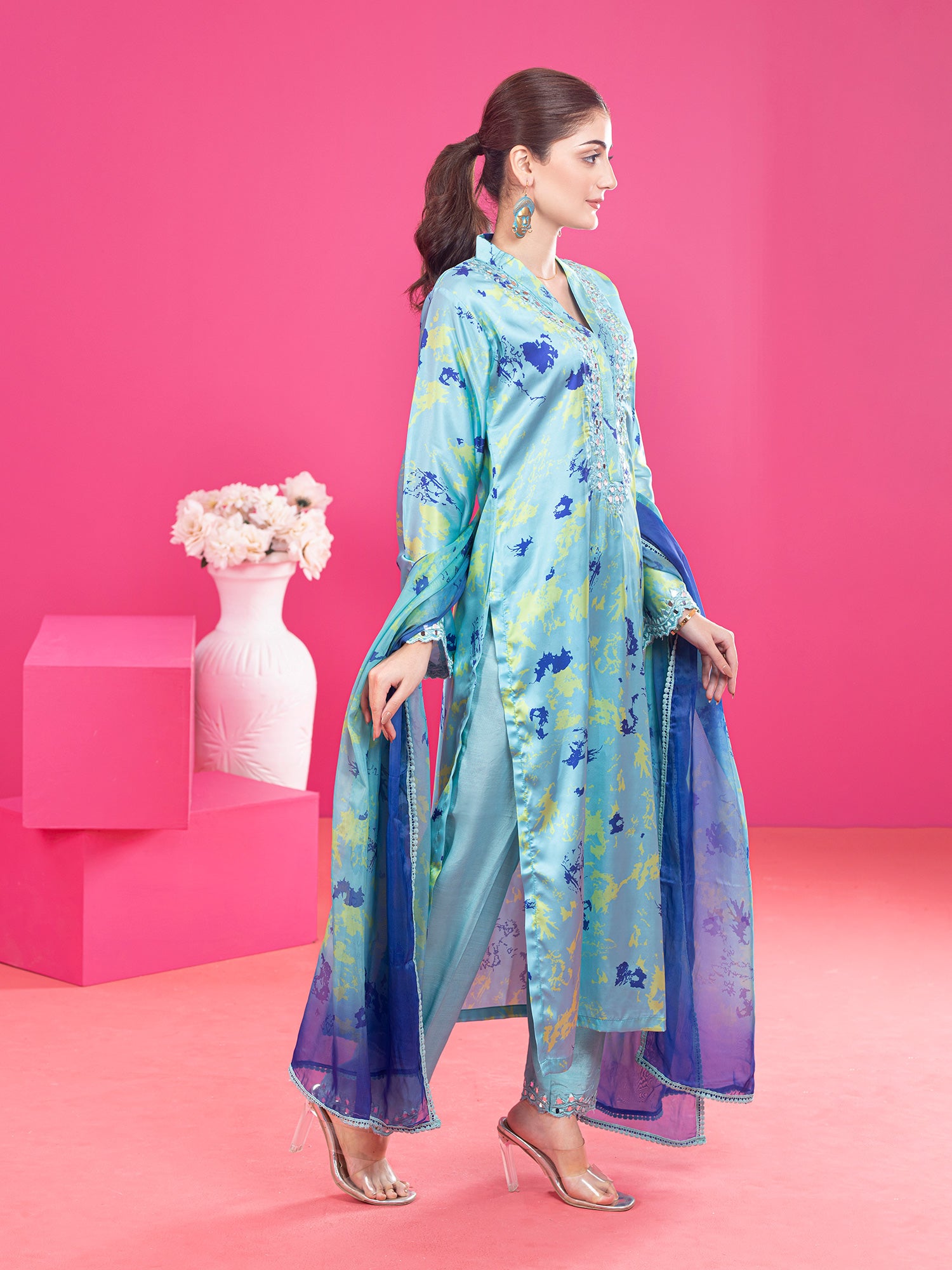 Wardah Uzair Tie & Dye Silk 3-Piece Suit - Aqua Blue