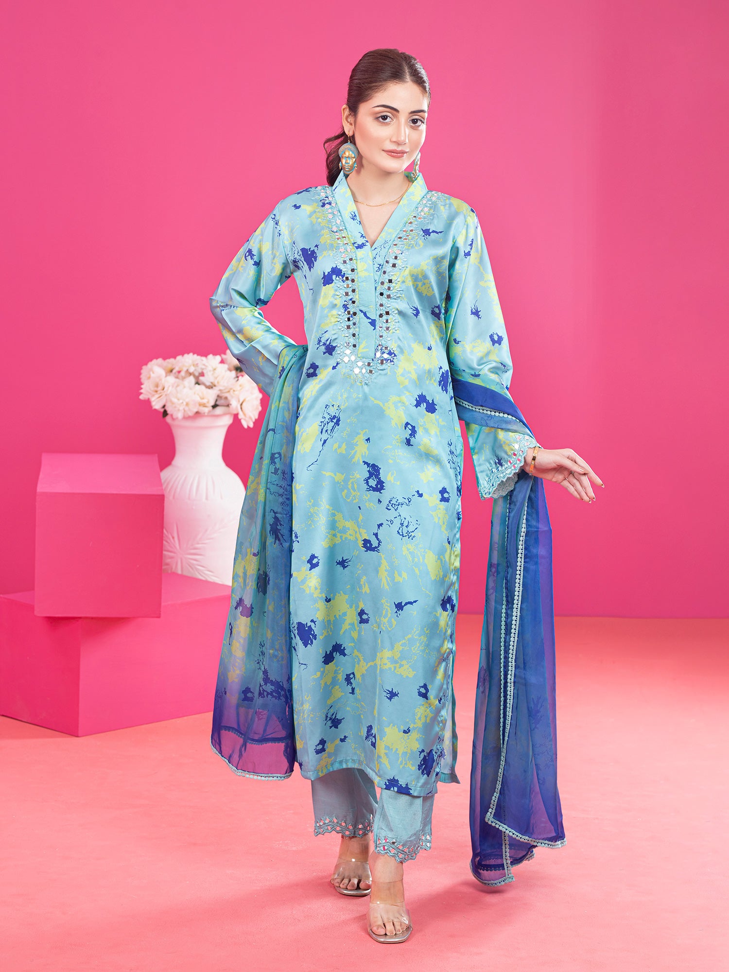 Wardah Uzair Tie & Dye Silk 3-Piece Suit - Aqua Blue