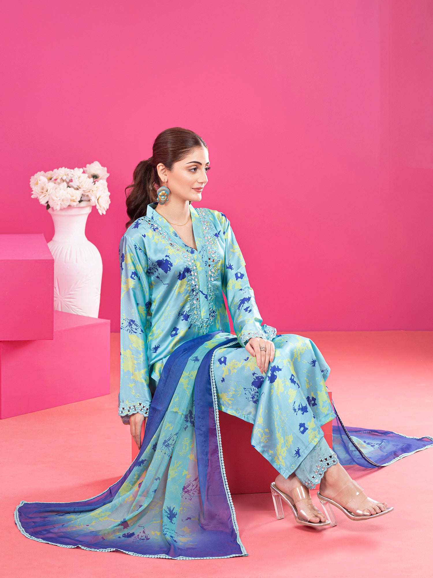 Wardah Uzair Tie & Dye Silk 3-Piece Suit - Aqua Blue