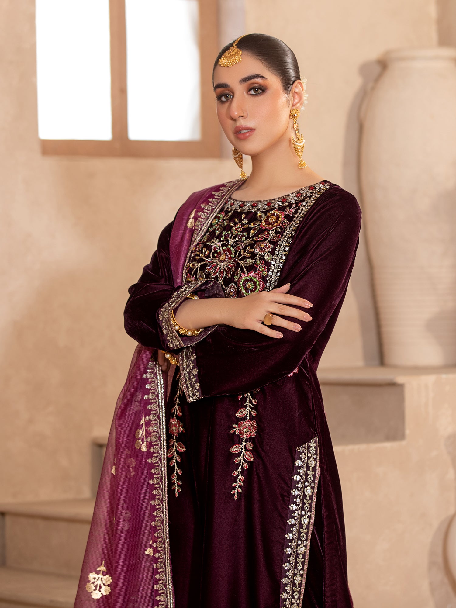 Heera's Magenta Embroidered Velvet 3-Piece Suit