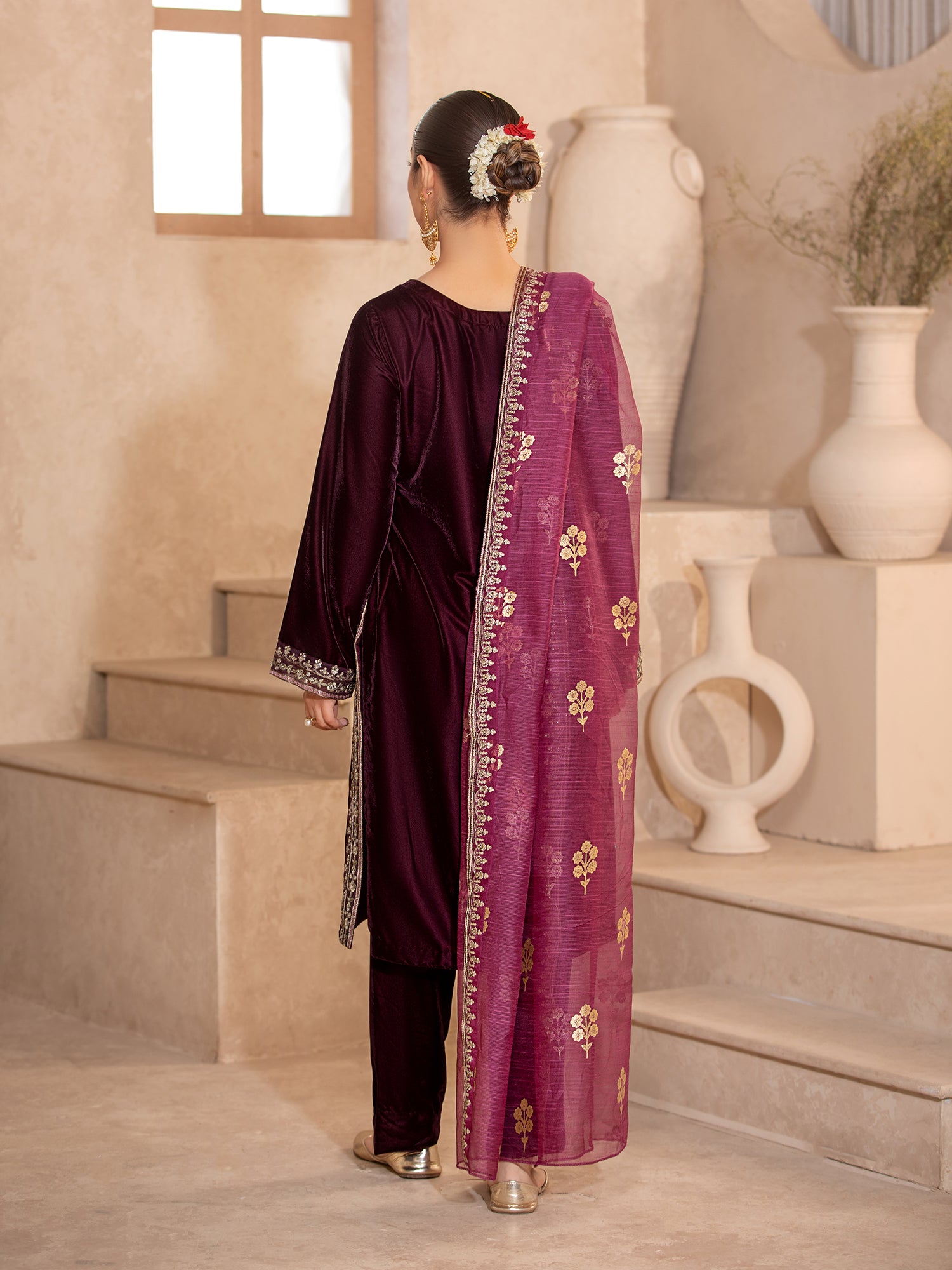 Heera's Magenta Embroidered Velvet 3-Piece Suit