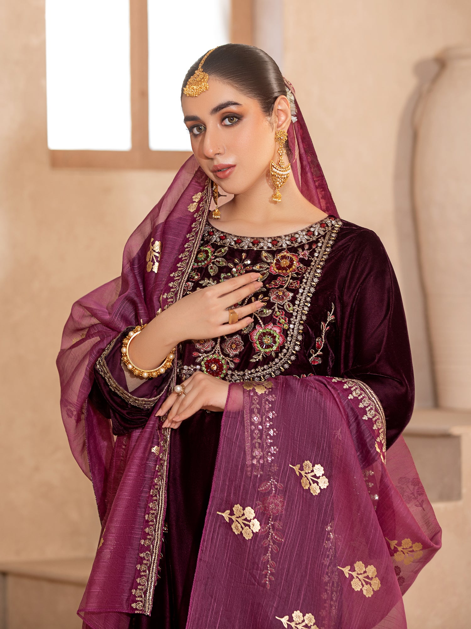 Heera's Magenta Embroidered Velvet 3-Piece Suit