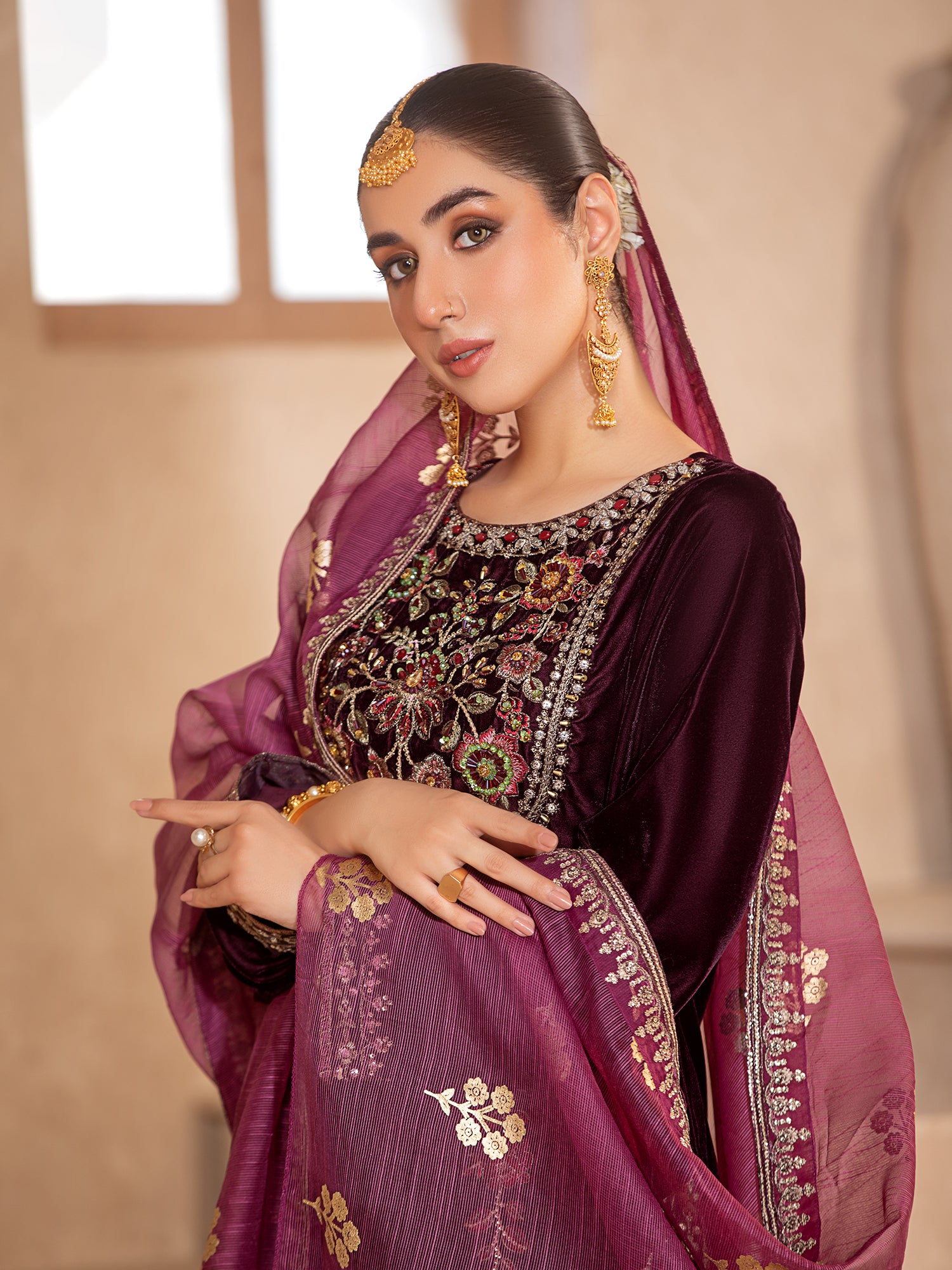 Heera's Magenta Embroidered Velvet 3-Piece Suit