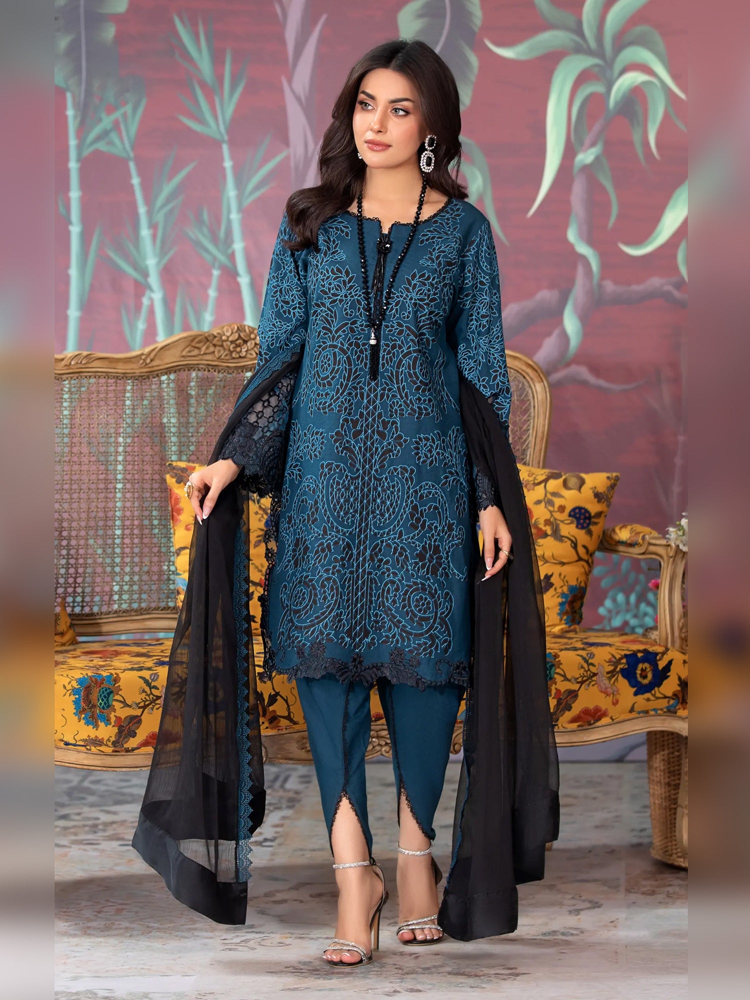 Heera's Zinc Embroidered Linen Suit with Tulip Trouser