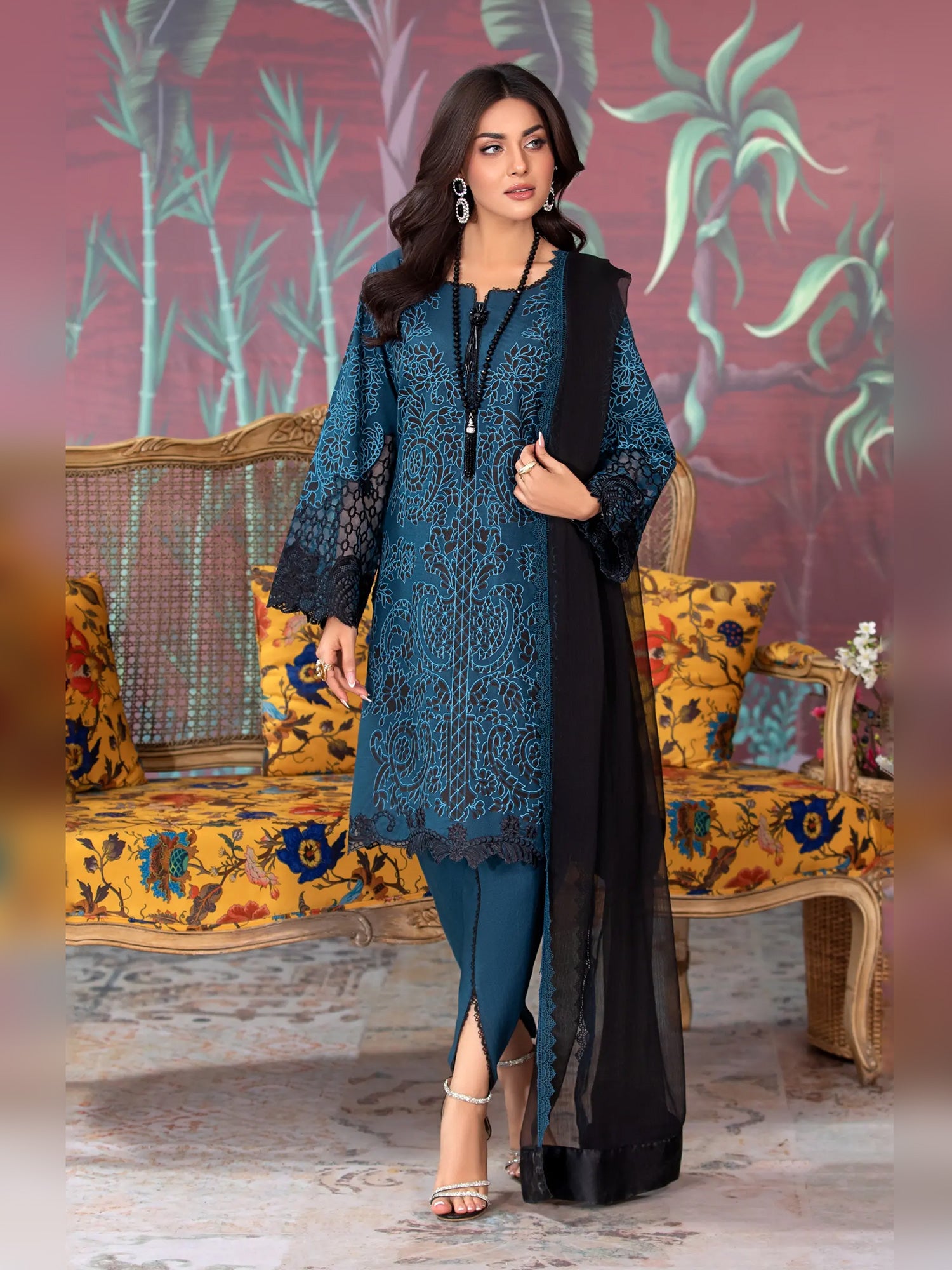 Heera's Zinc Embroidered Linen Suit with Tulip Trouser