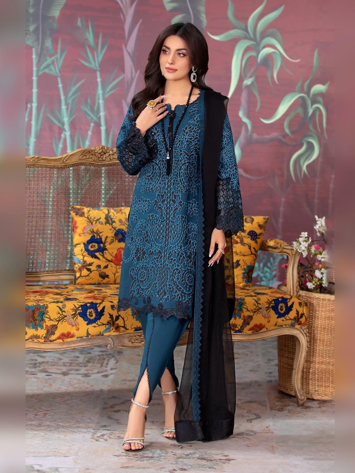 Heera's Zinc Embroidered Linen Suit with Tulip Trouser