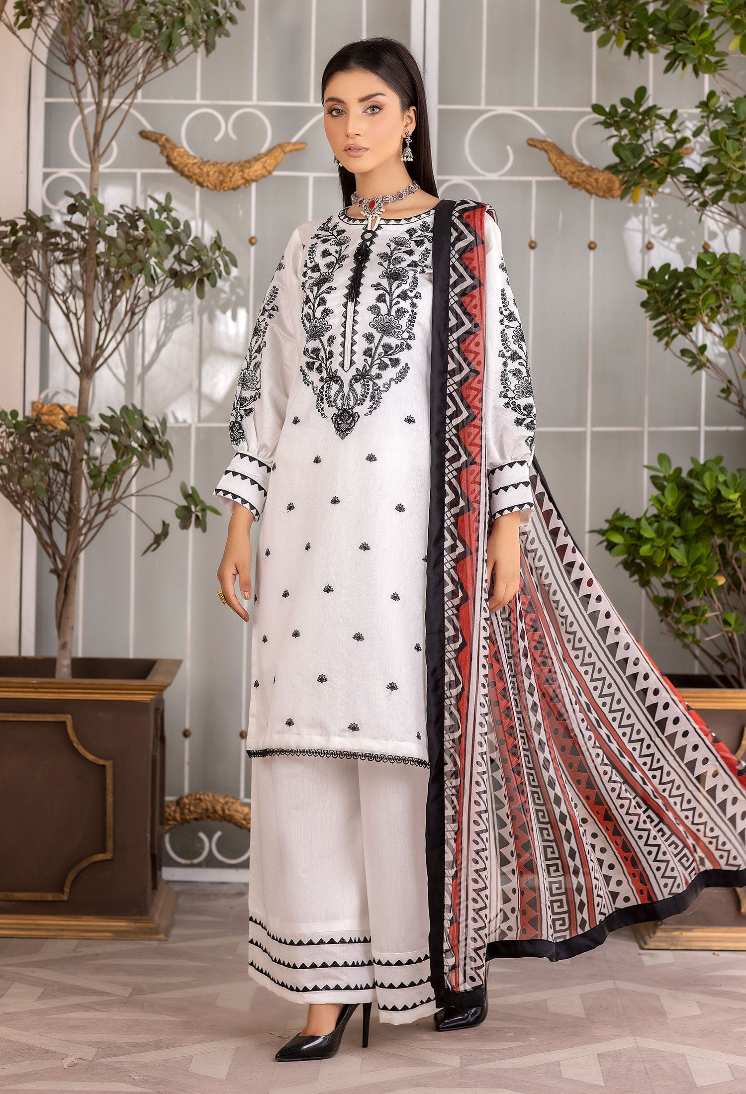 White Black Embroidered Kotail 3 Piece Palazzo Suit MOMINA