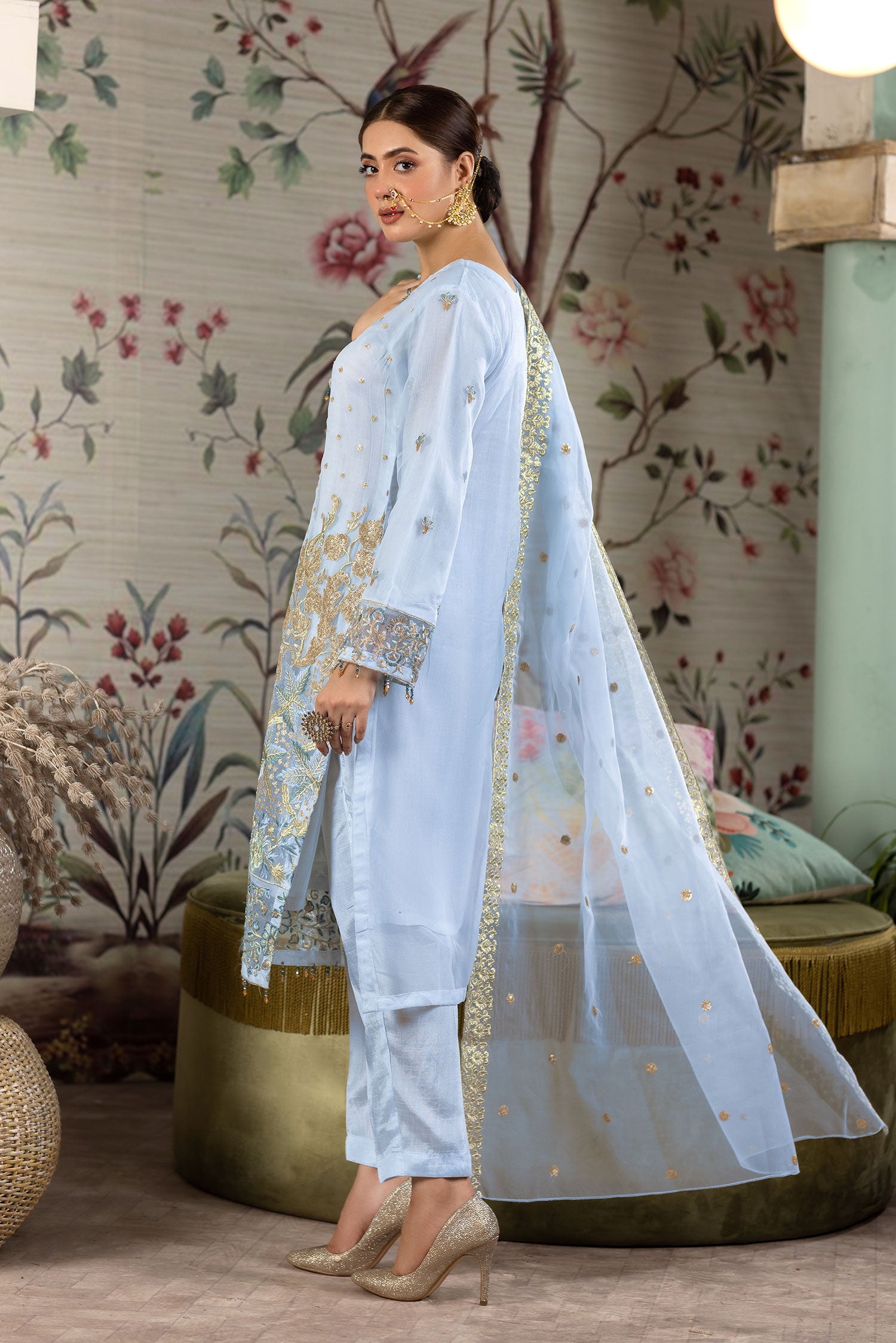 Sky Blue Embroidered Organza 3-Piece Suit