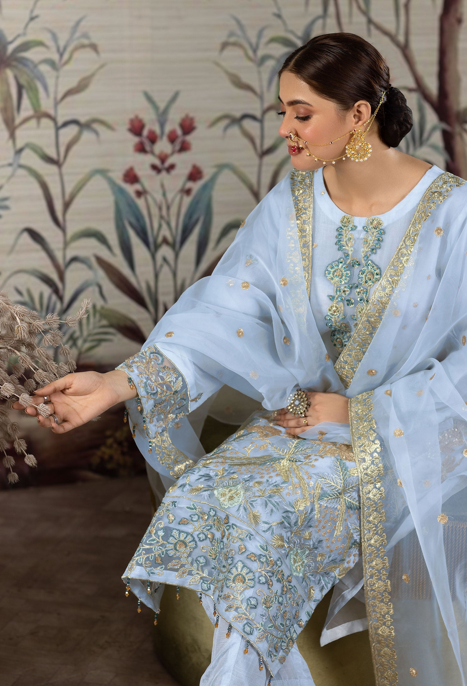 Sky Blue Embroidered Organza 3-Piece Suit