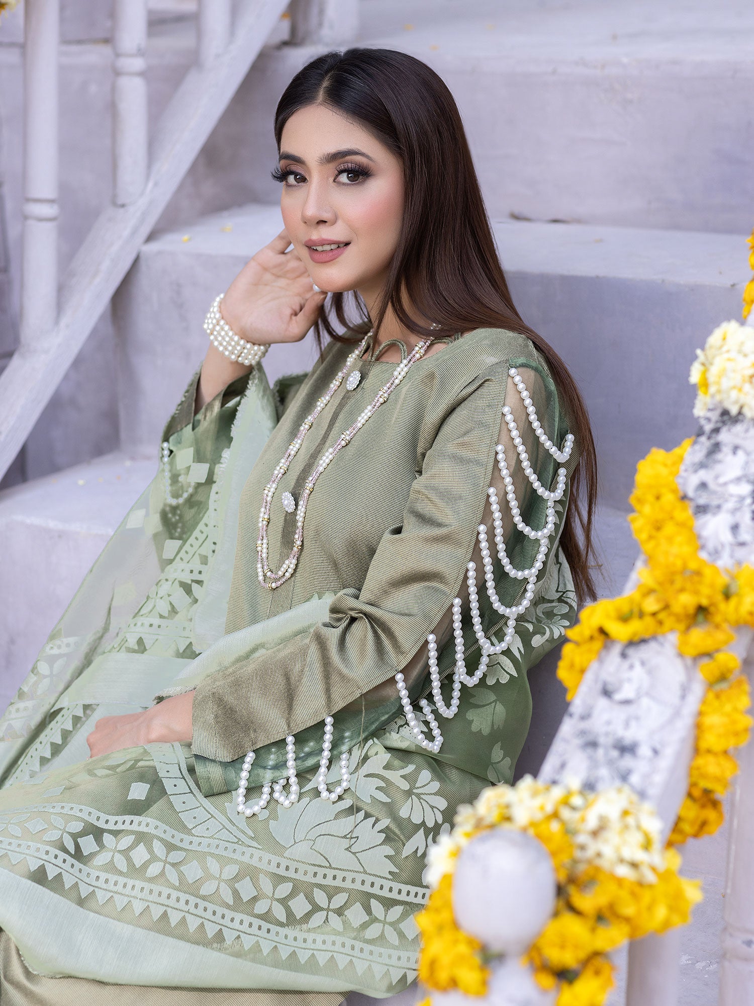 Green Viscose 3-Piece Suit with Pearl Embellishments