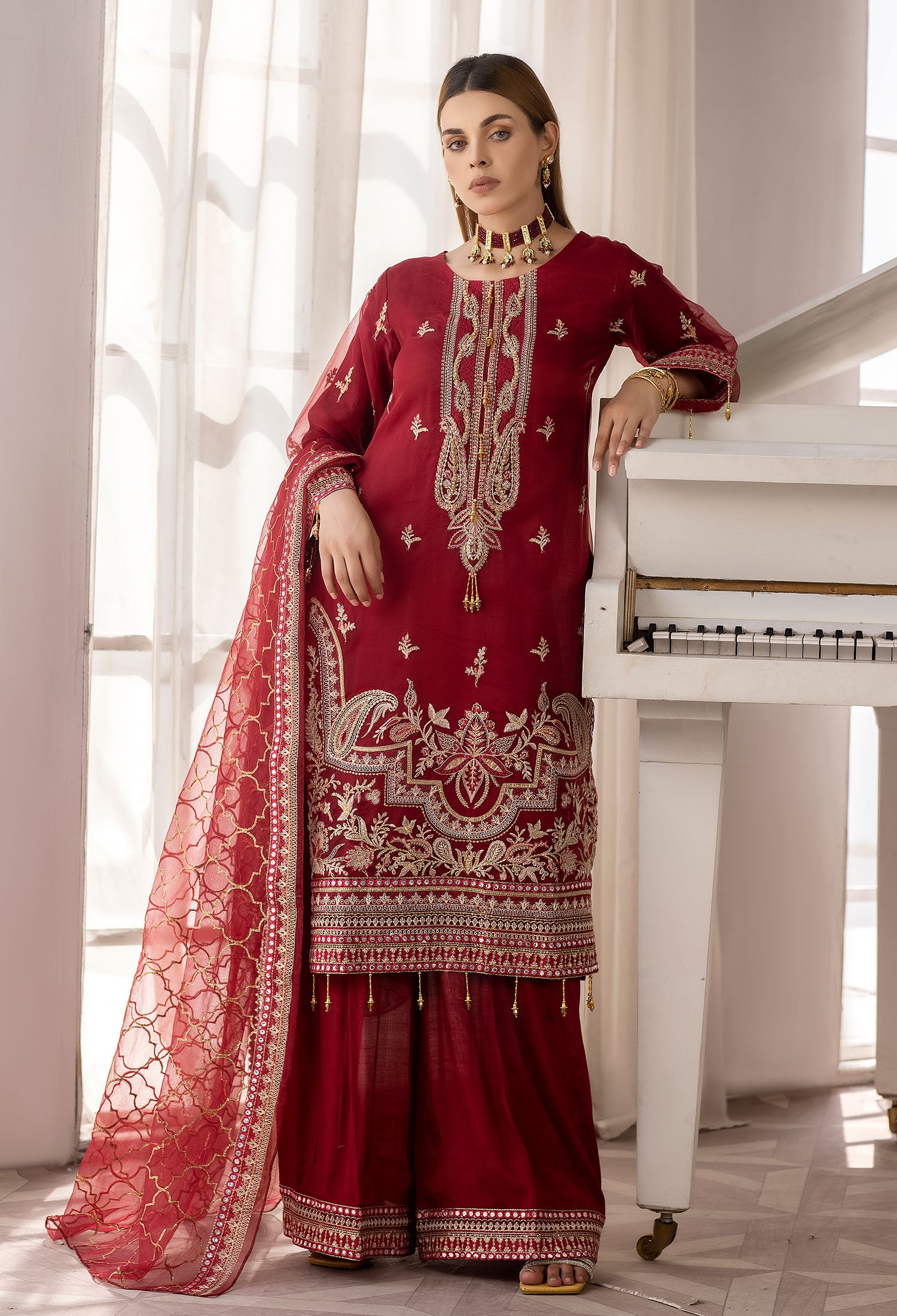 Red Embroidered Organza 3-Piece Palazzo Suit