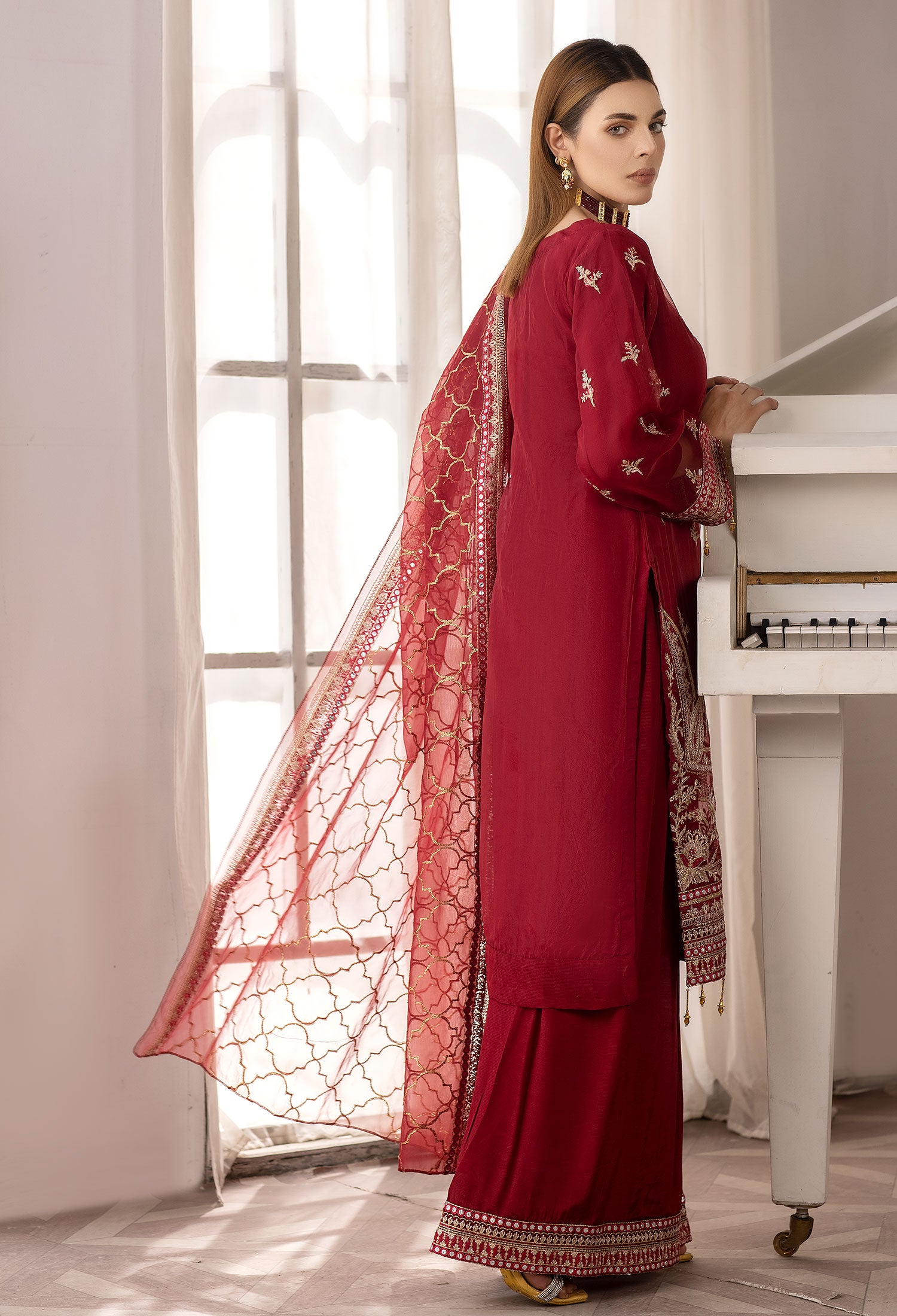 Red Embroidered Organza 3-Piece Palazzo Suit