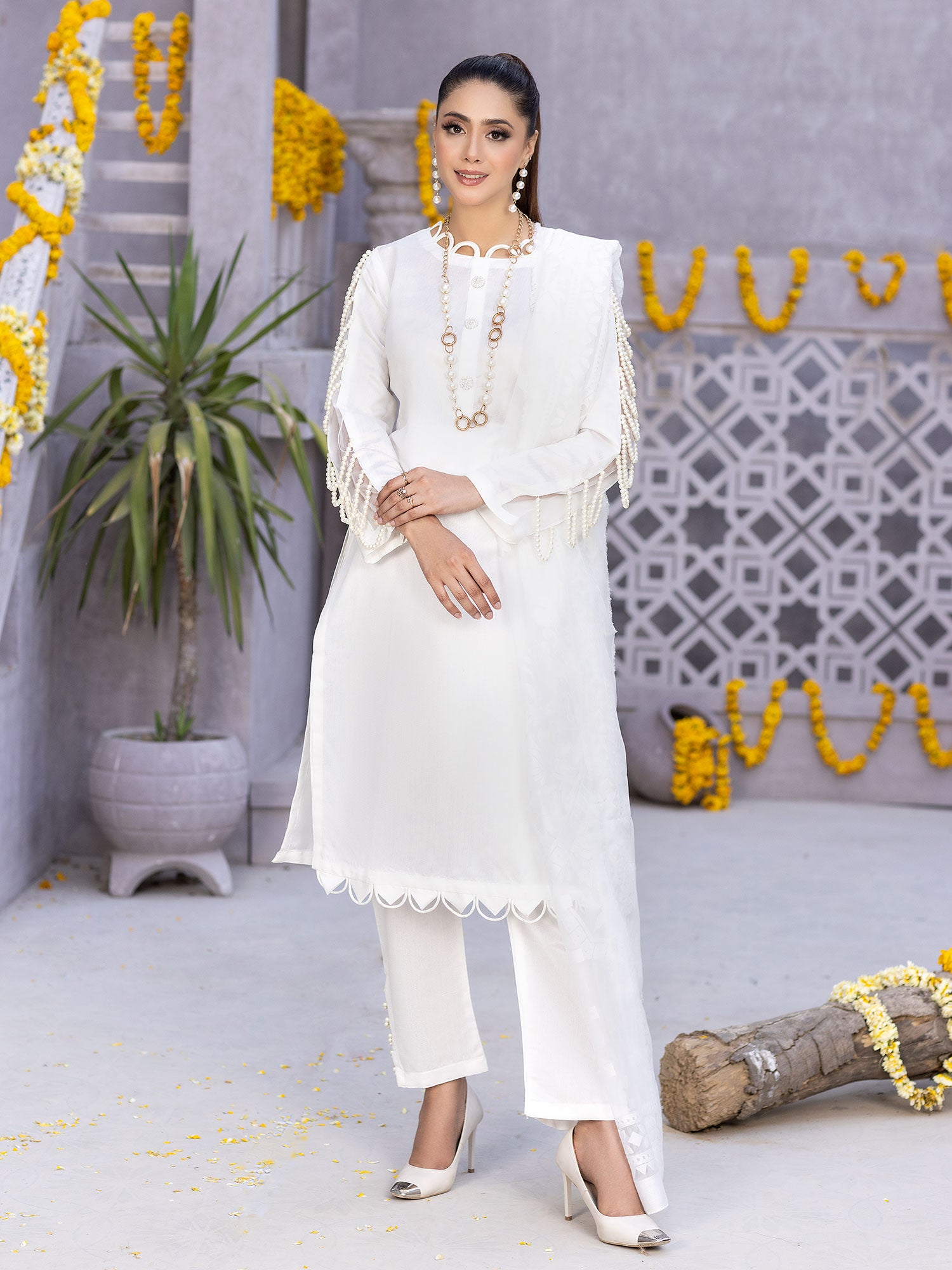 White Viscose 3-Piece Suit with Pearl Embellishments