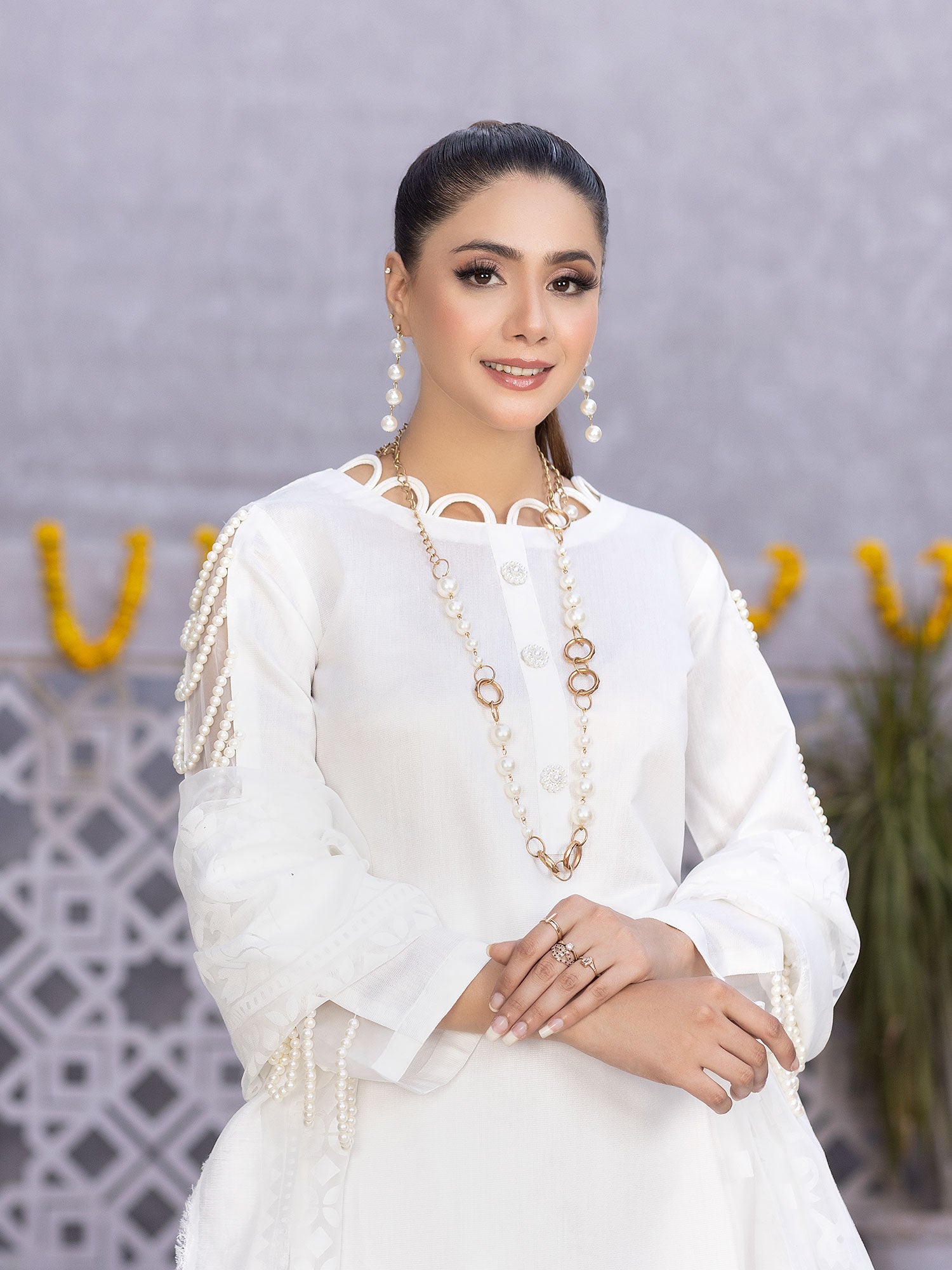 White Viscose 3-Piece Suit with Pearl Embellishments