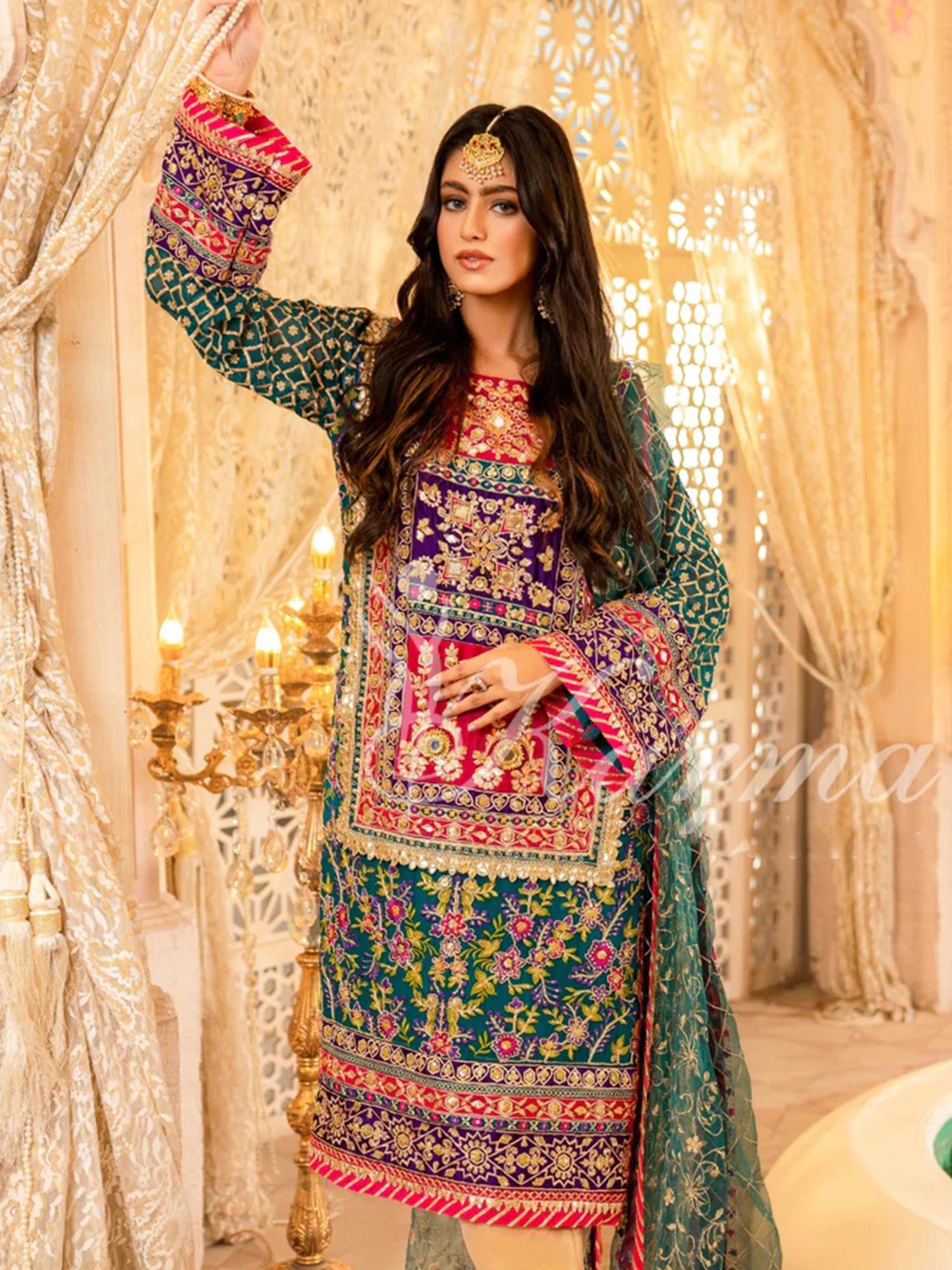 Karma Collection Peacock Green Chiffon Suit (KC-414)