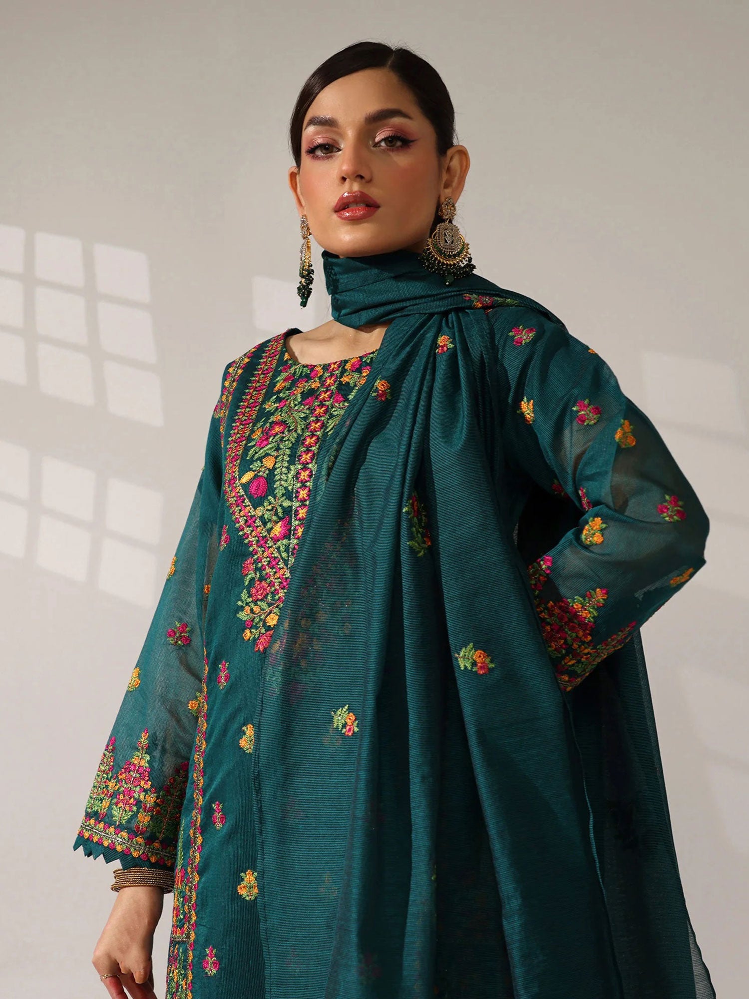 Sha Posh Embroidered Bori Net Suit - Zinc