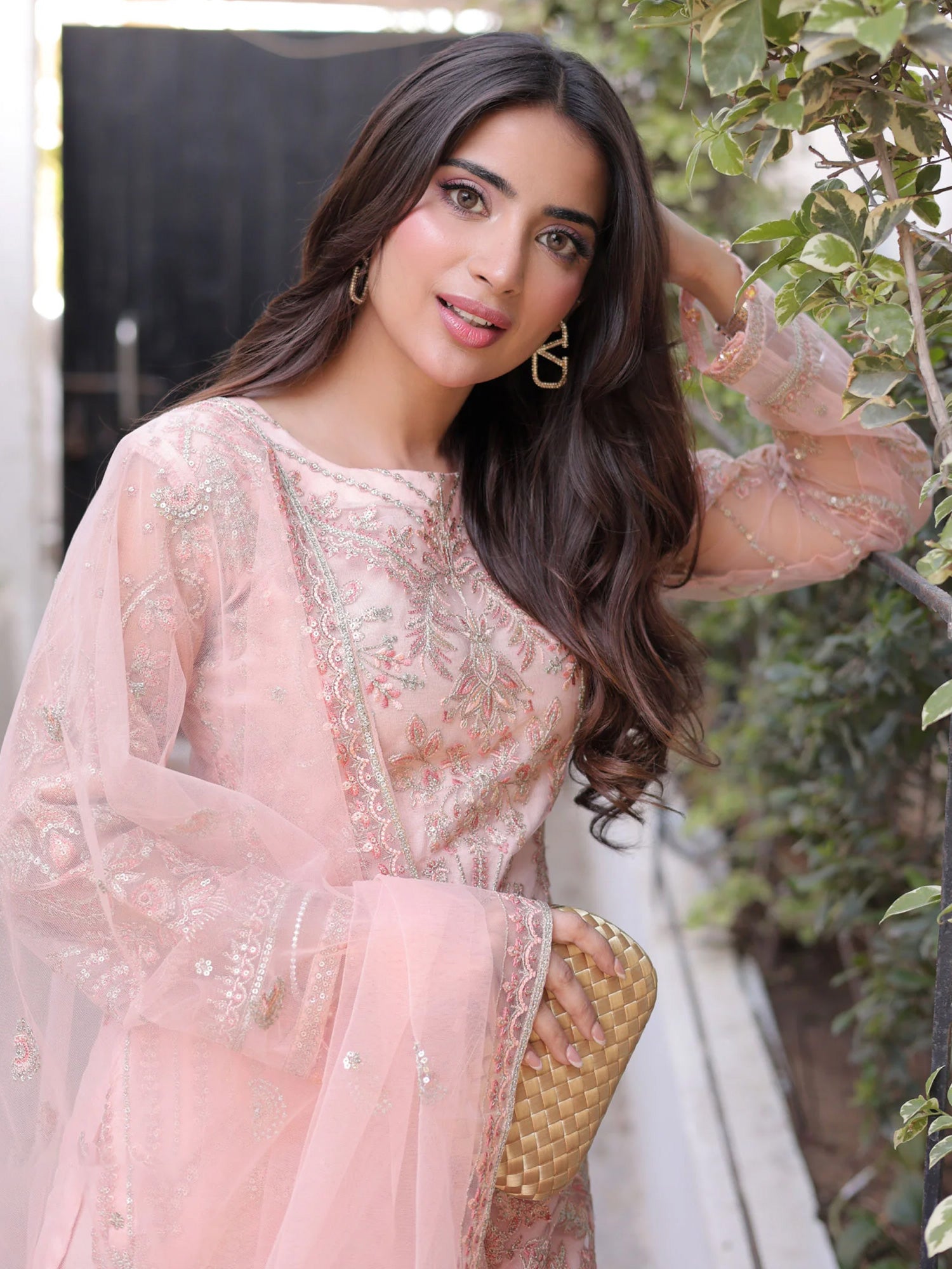 Sha Posh Embroidered Net Suit - Peach