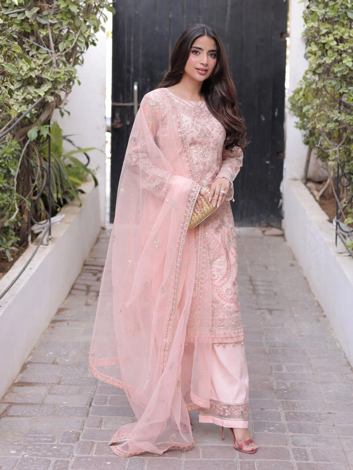 Sha Posh Embroidered Net Suit - Peach