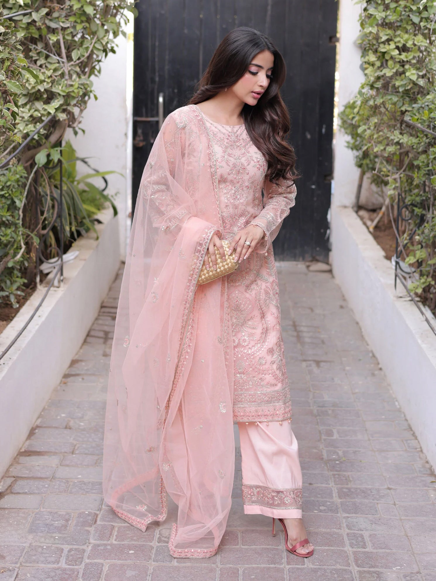 Sha Posh Embroidered Net Suit - Peach