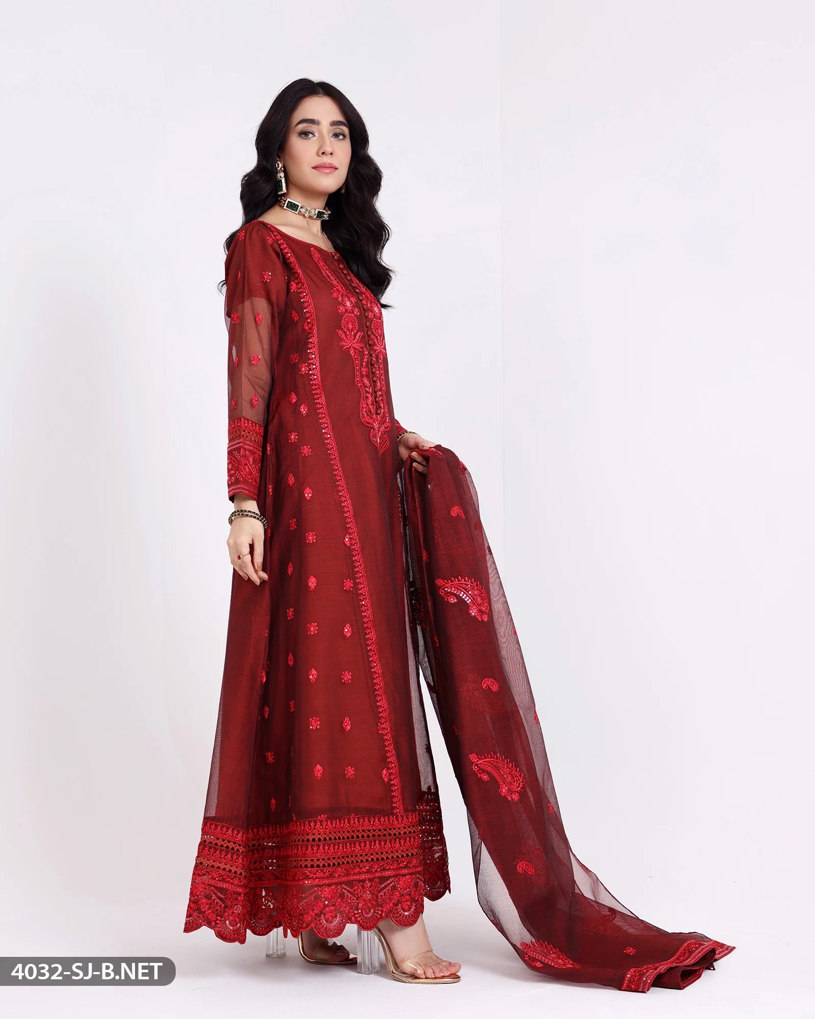 Sha Posh Embroidered Bori Net Maxi Suit - Rust Red