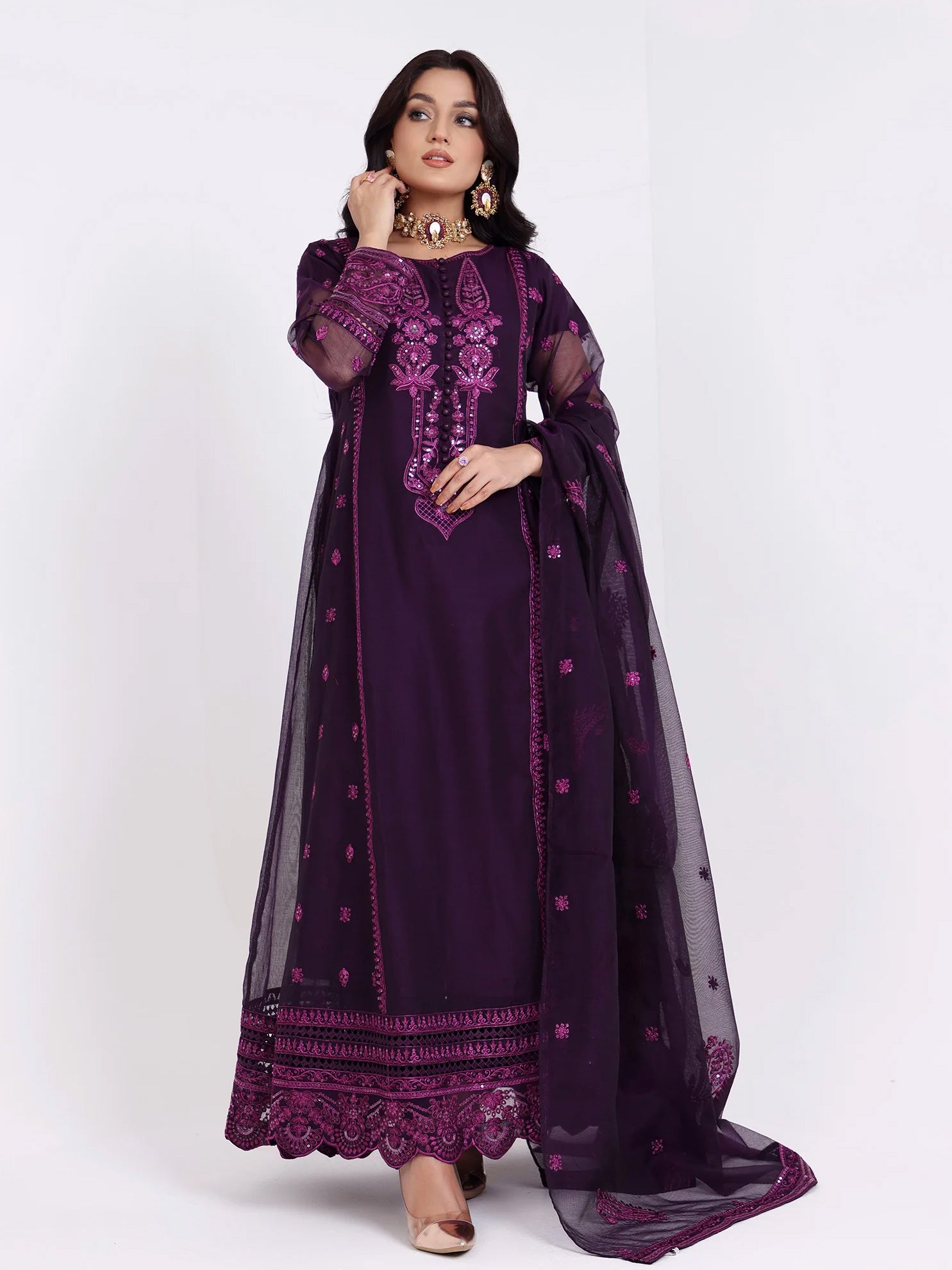 Sha Posh Embroidered Bori Net Maxi Suit - Magenta