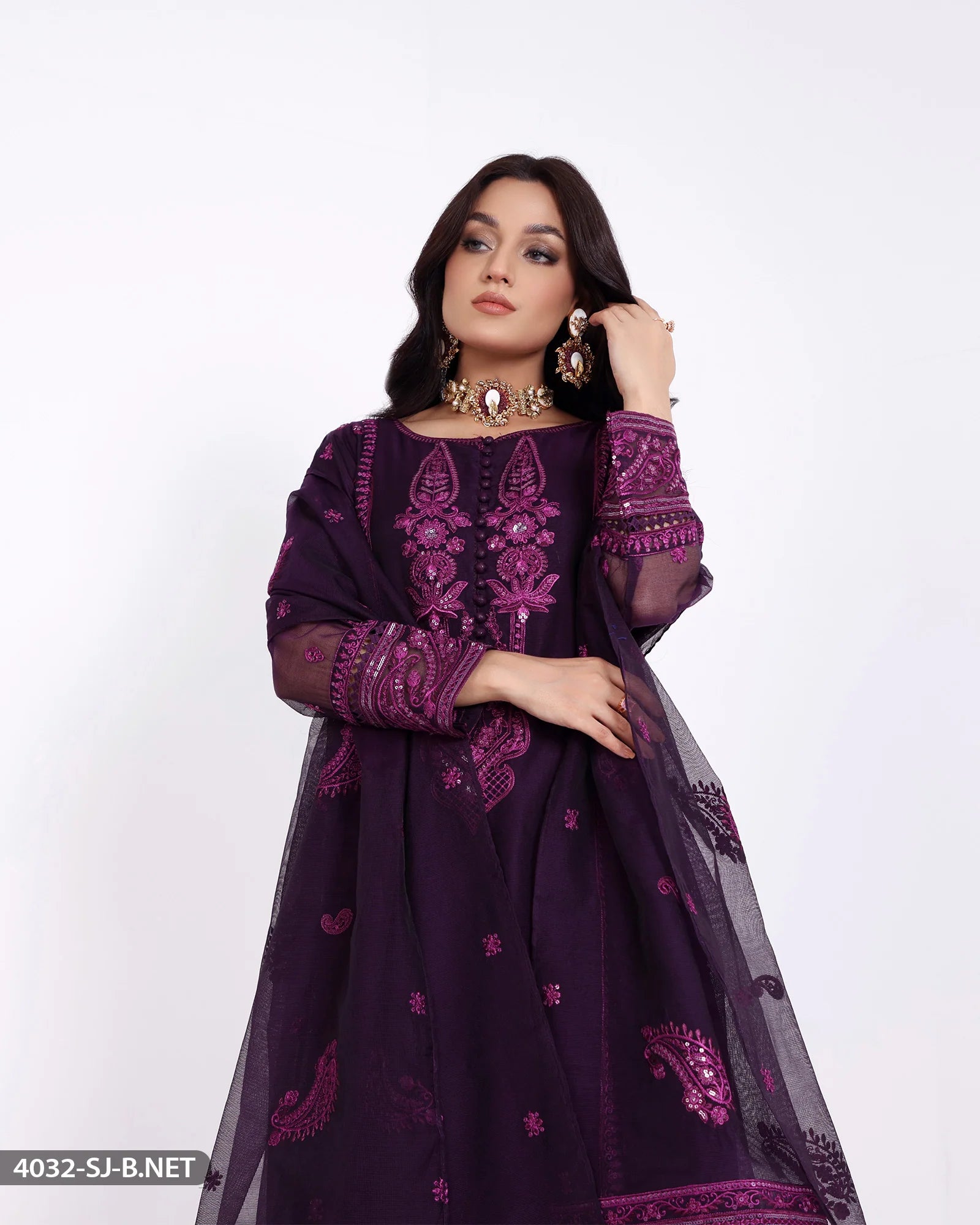 Sha Posh Embroidered Bori Net Maxi Suit - Magenta