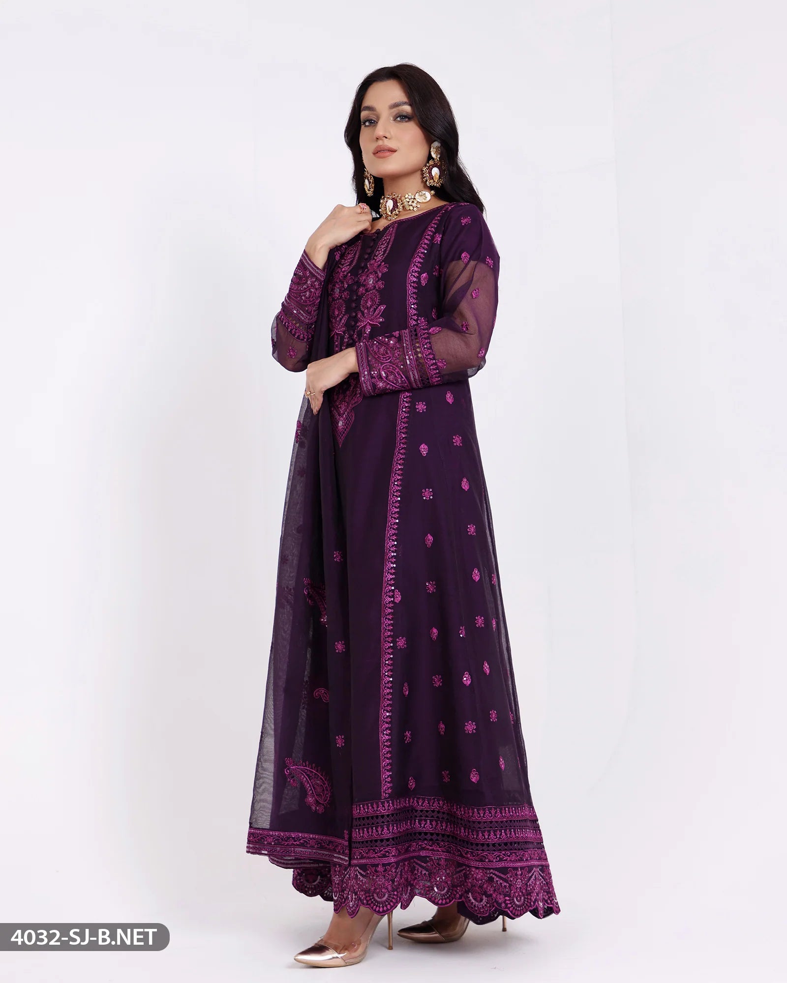 Sha Posh Embroidered Bori Net Maxi Suit - Magenta