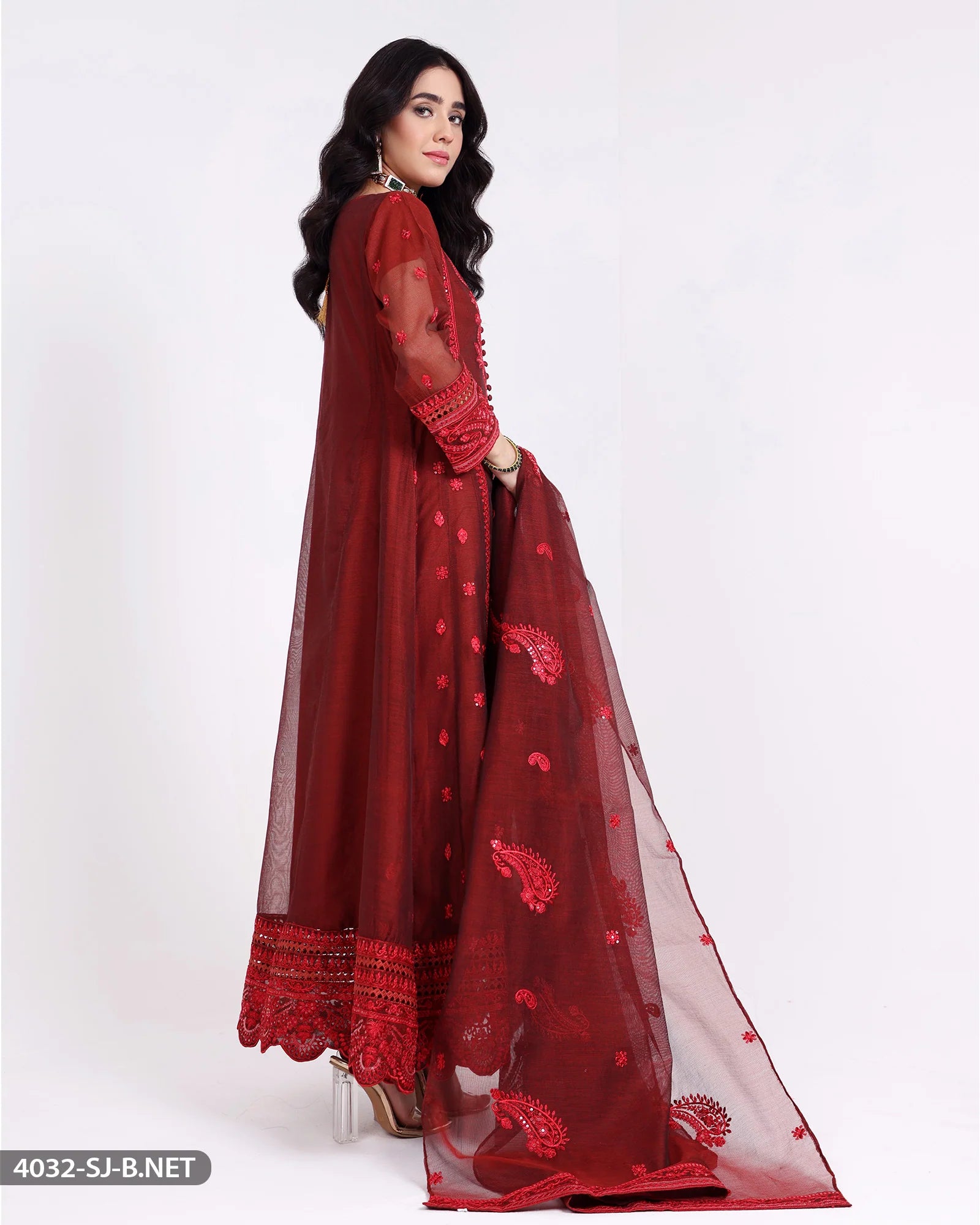 Sha Posh Embroidered Bori Net Maxi Suit - Rust Red