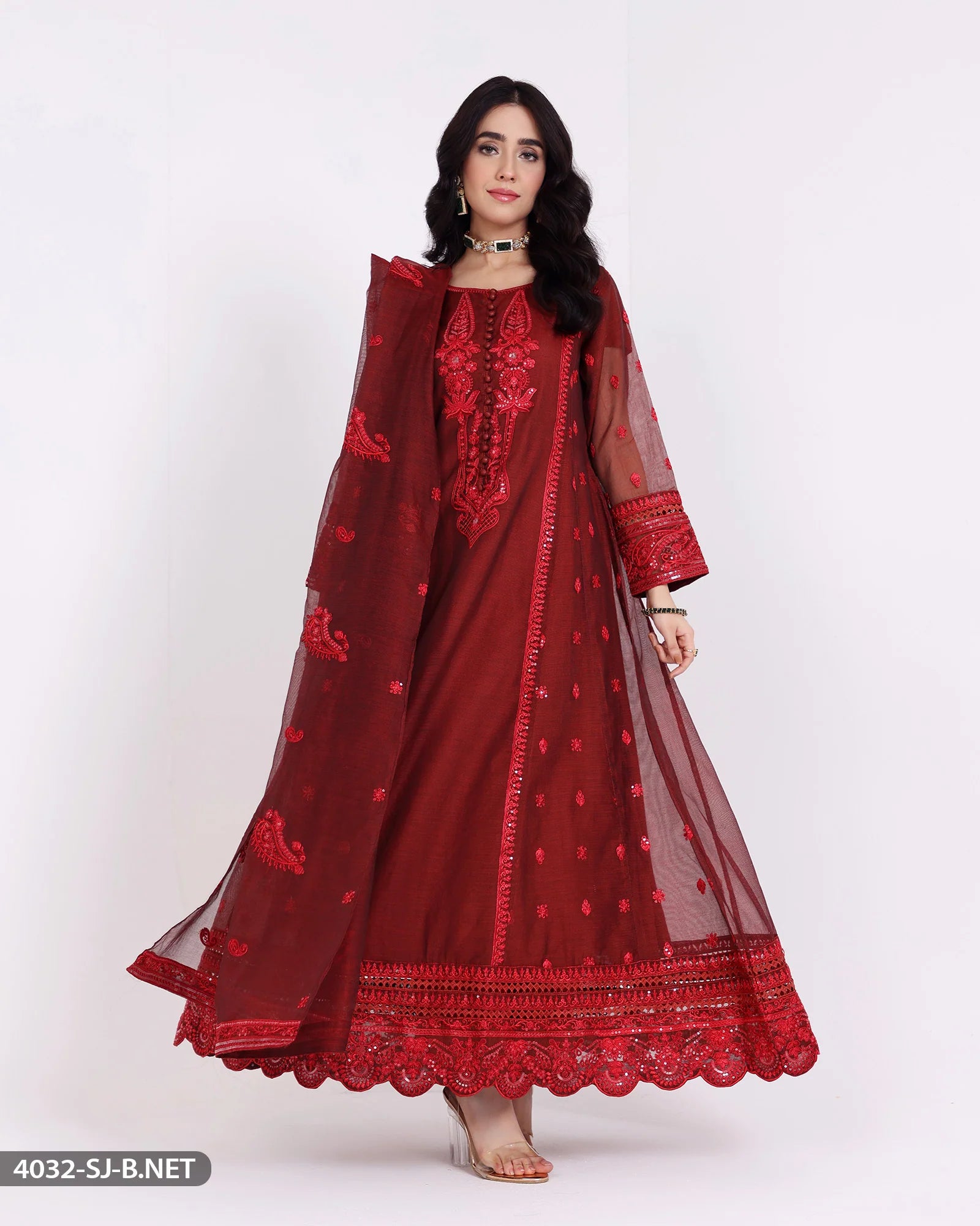 Sha Posh Embroidered Bori Net Maxi Suit - Rust Red