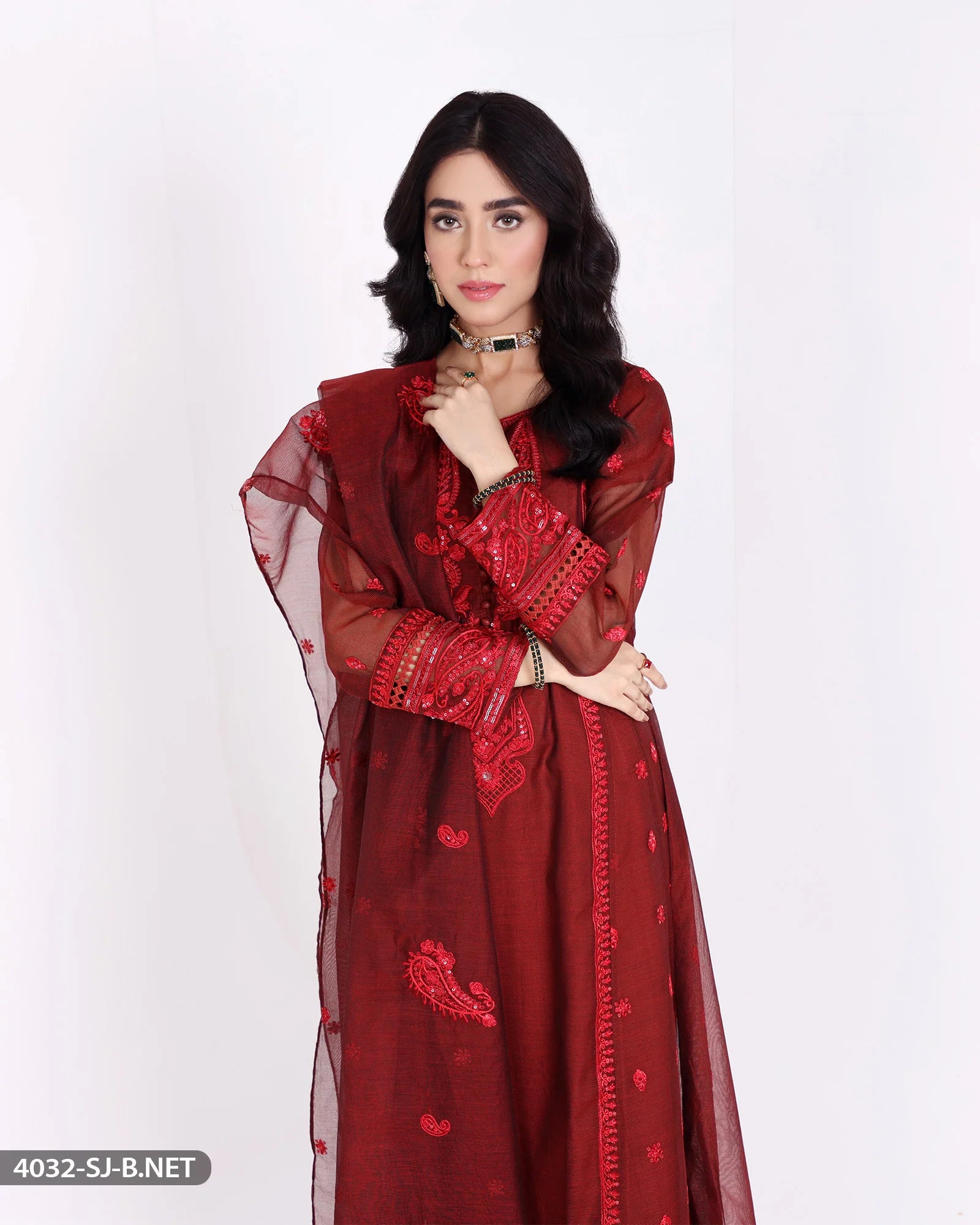 Sha Posh Embroidered Bori Net Maxi Suit - Rust Red