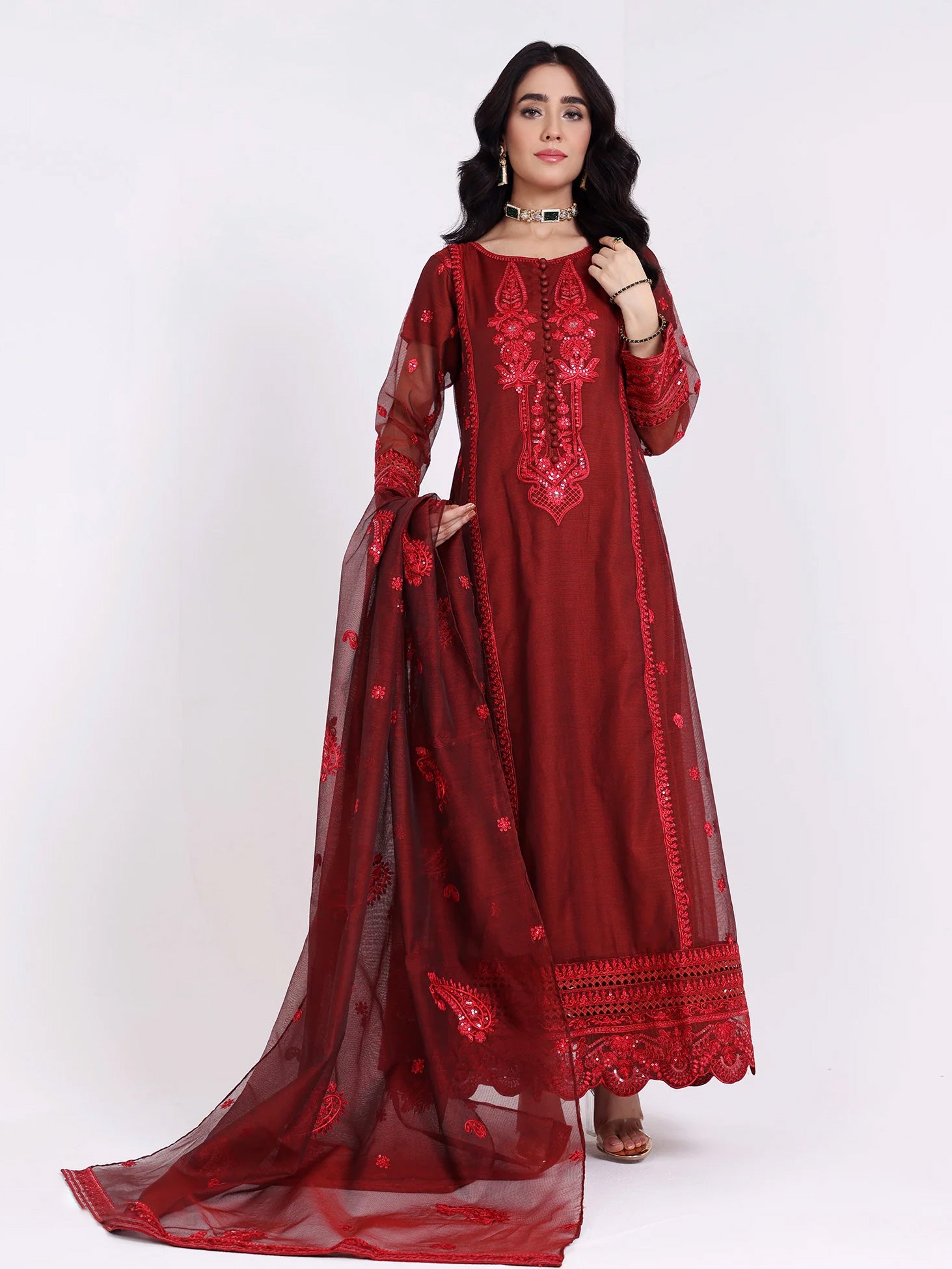 Sha Posh Embroidered Bori Net Maxi Suit - Rust Red