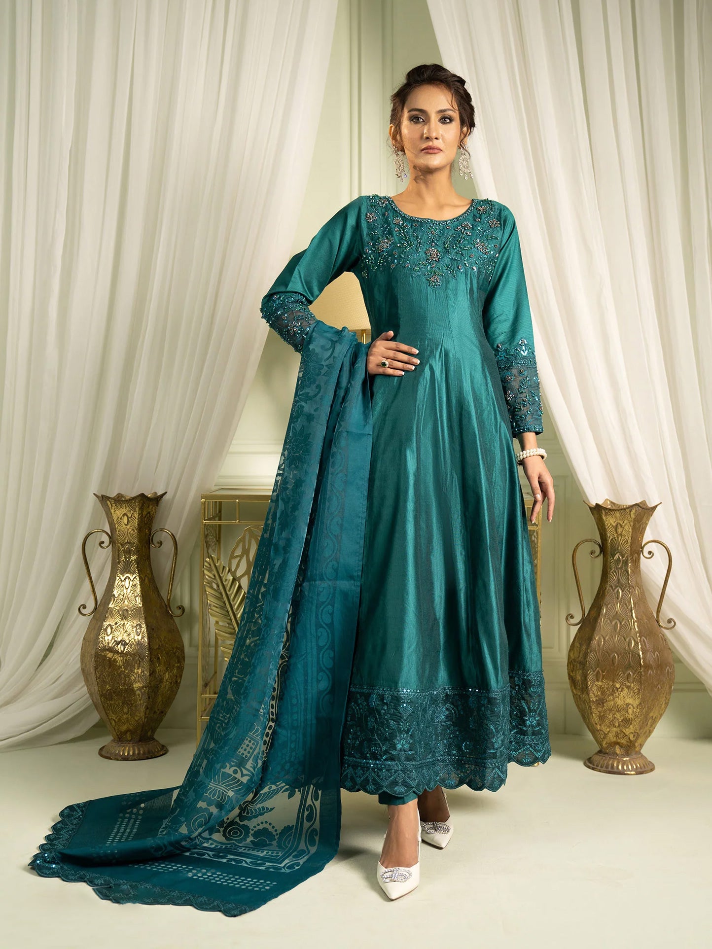 Sha Posh Embroidered Chambray Katan Maxi Suit - Zinc