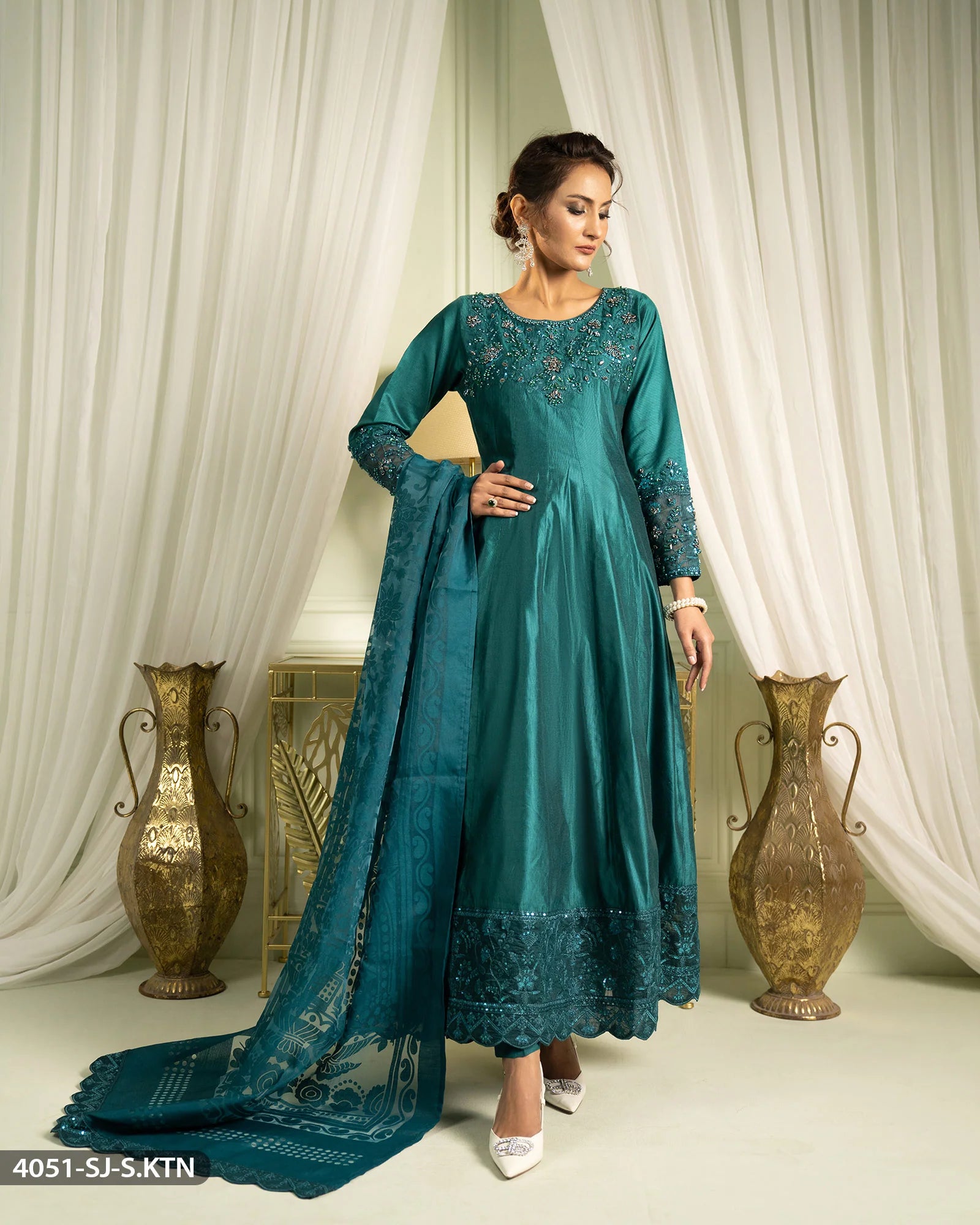 Sha Posh Embroidered Chambray Katan Maxi Suit - Zinc