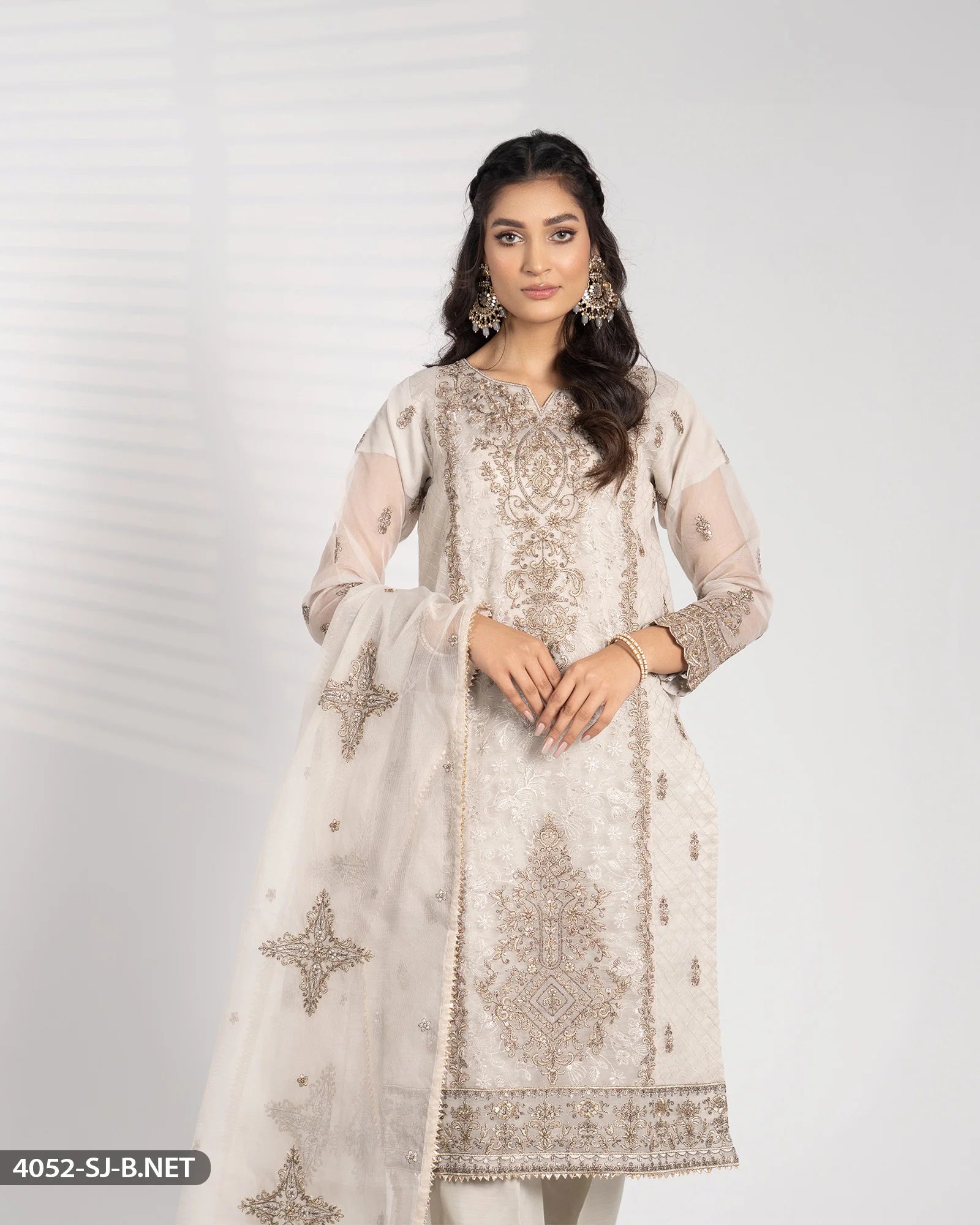 Sha Posh Embroidered Bori Net Suit - Beige-Grey