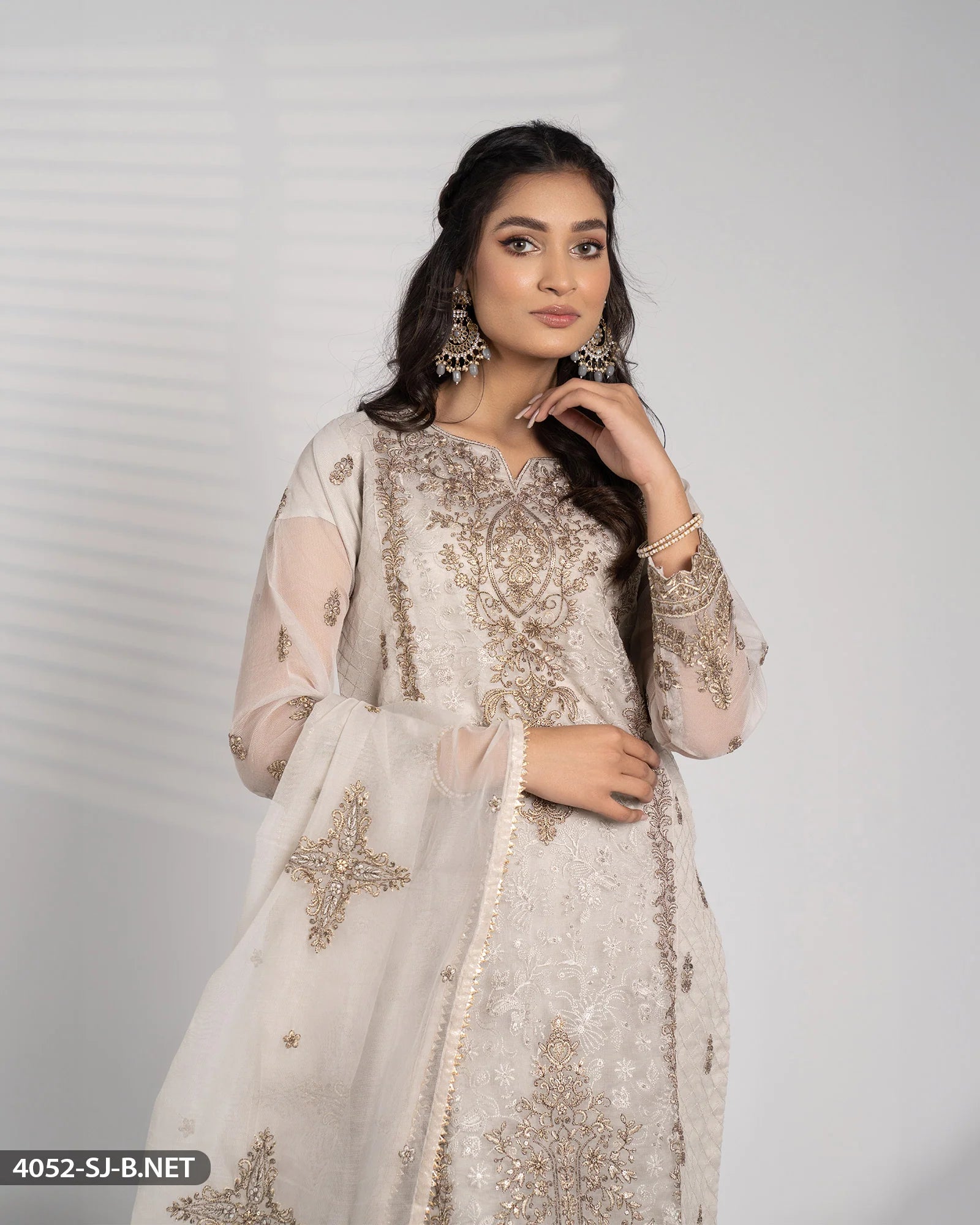 Sha Posh Embroidered Bori Net Suit - Beige-Grey