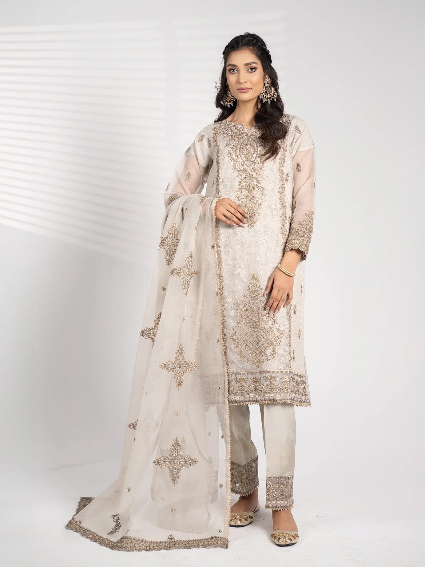 Sha Posh Embroidered Bori Net Suit - Beige-Grey