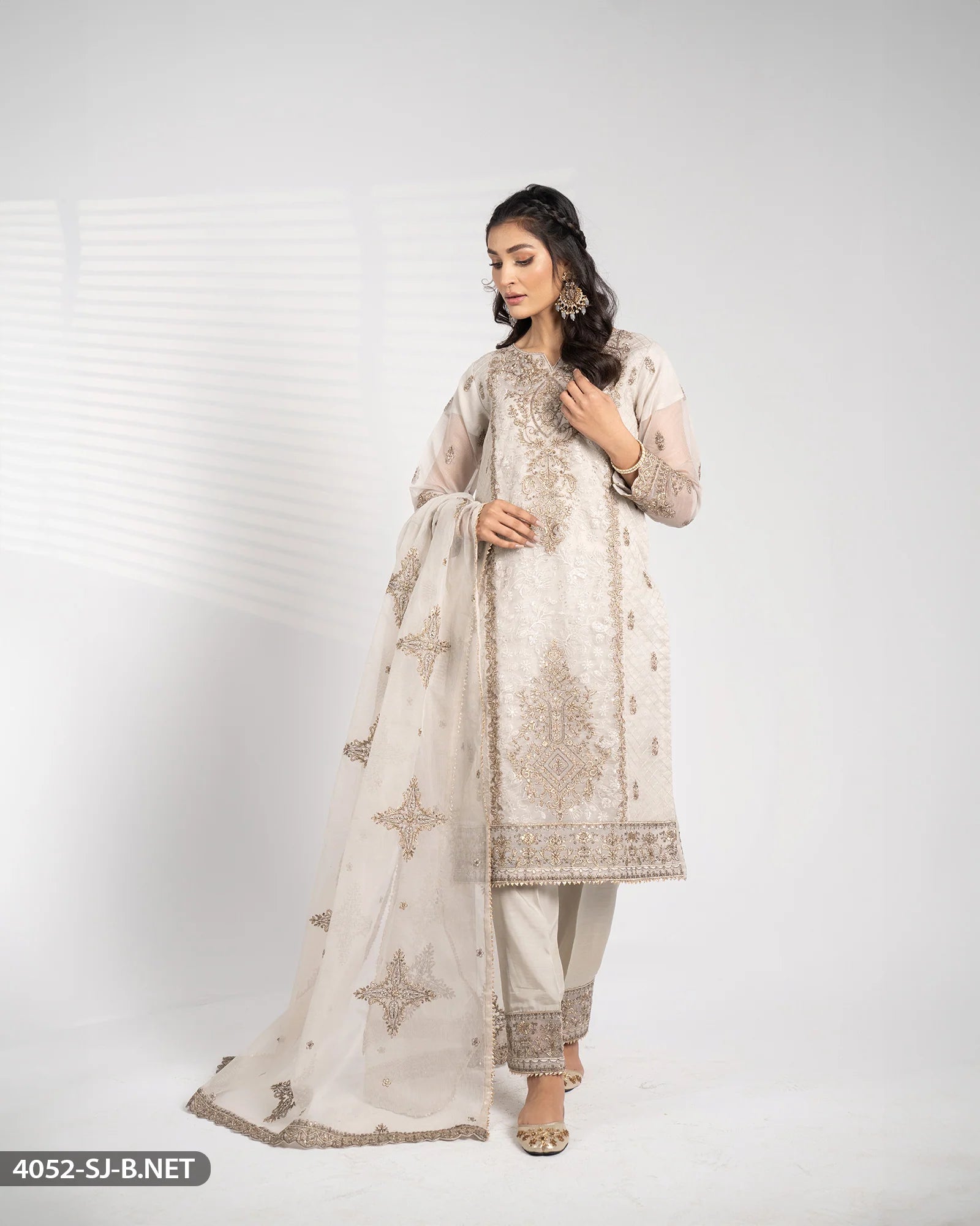 Sha Posh Embroidered Bori Net Suit - Beige-Grey