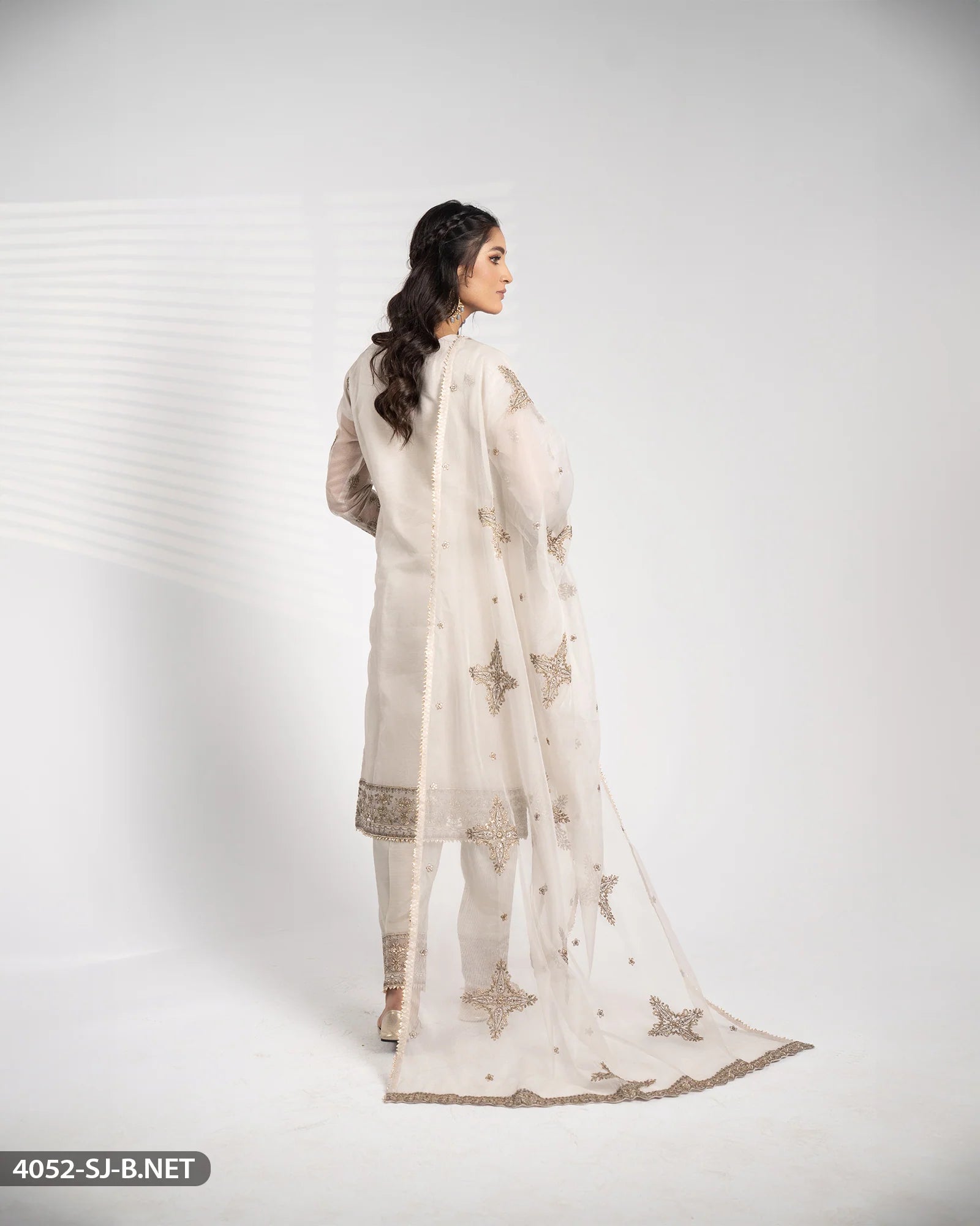 Sha Posh Embroidered Bori Net Suit - Beige-Grey