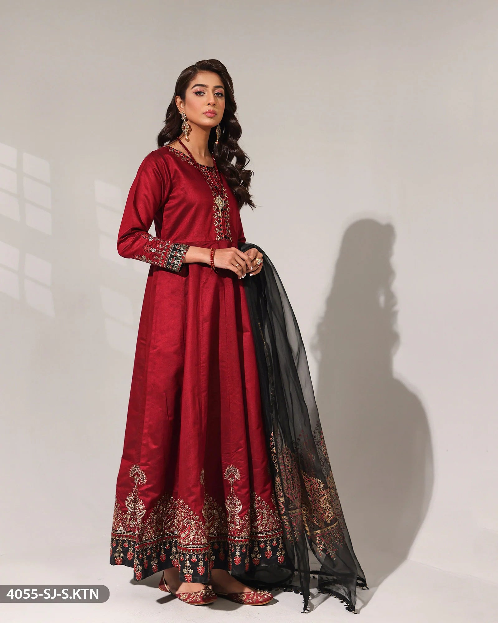 Sha Posh Embroidered Chambray Katan Maxi Suit - Maroon