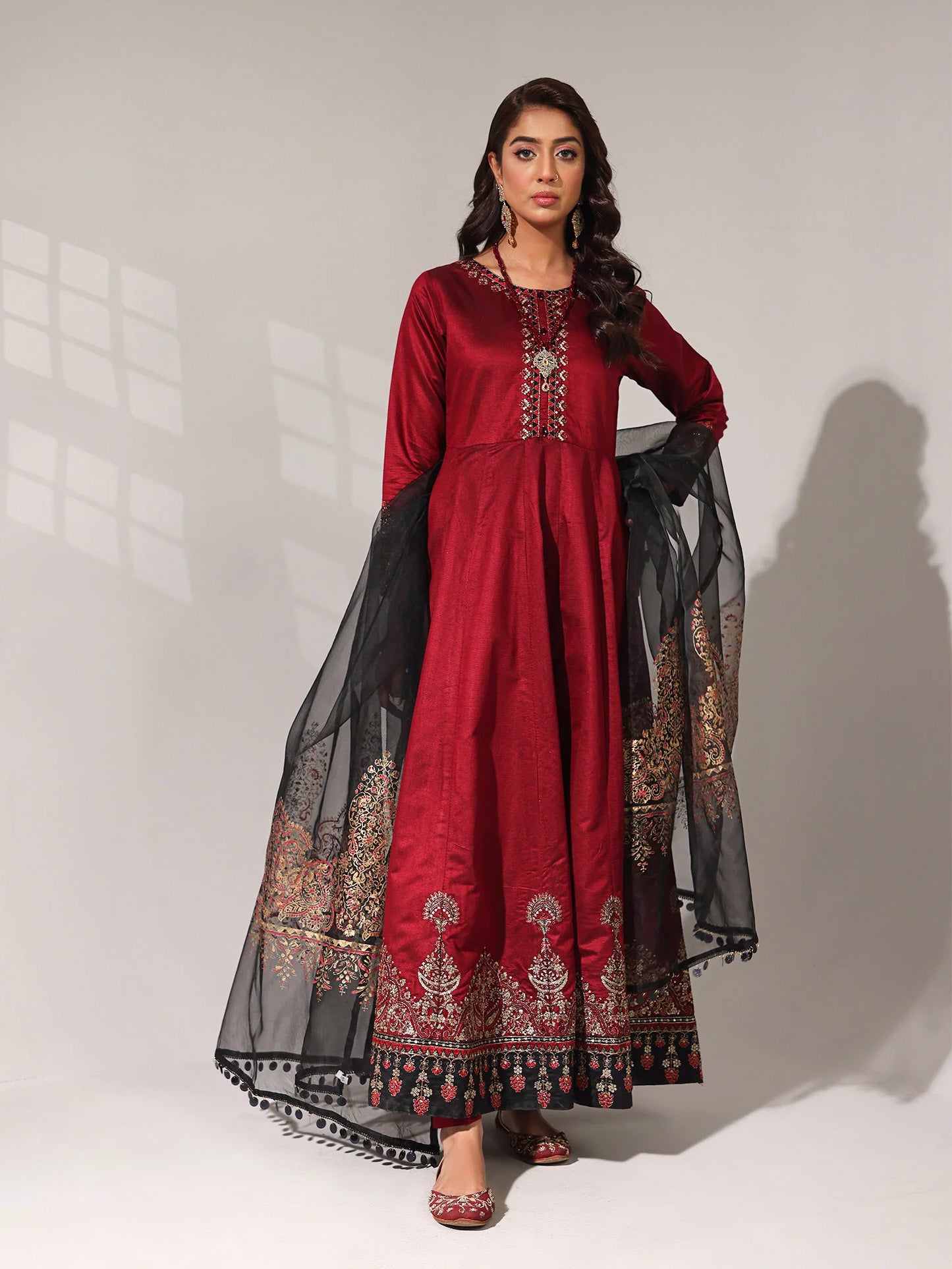 Sha Posh Embroidered Chambray Katan Maxi Suit - Maroon