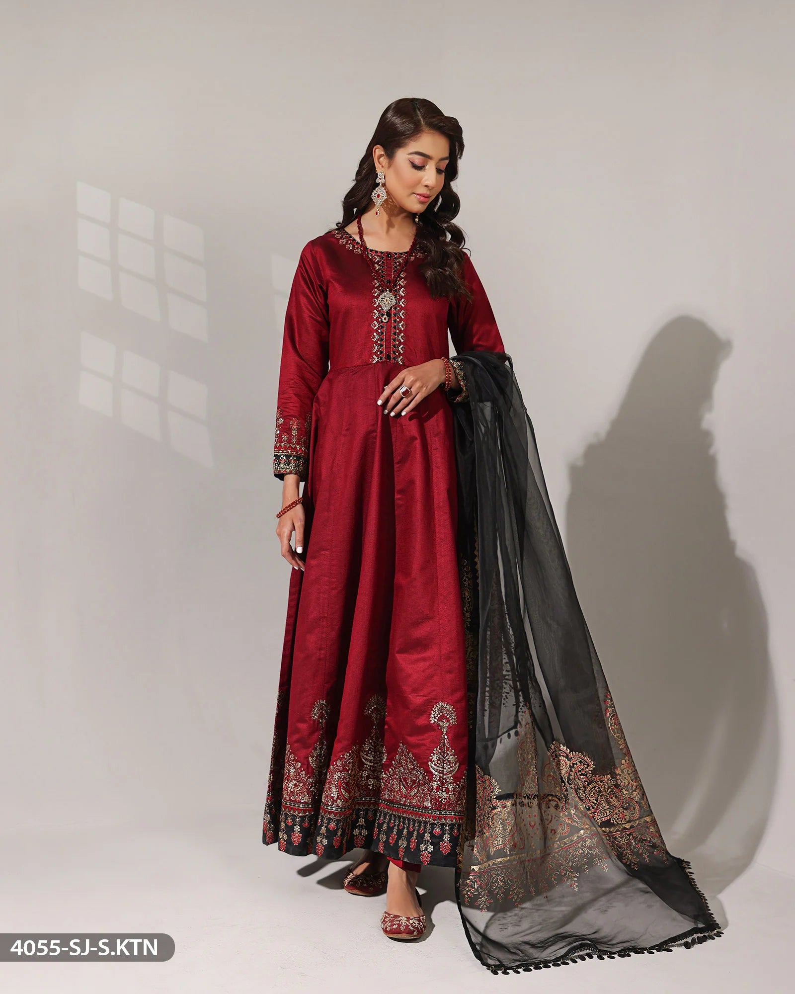 Sha Posh Embroidered Chambray Katan Maxi Suit - Maroon