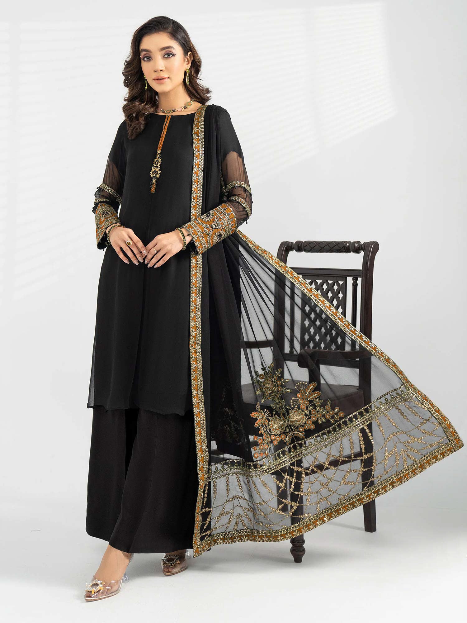 Sha Posh Embroidered Chiffon Suit - Black & Mustard