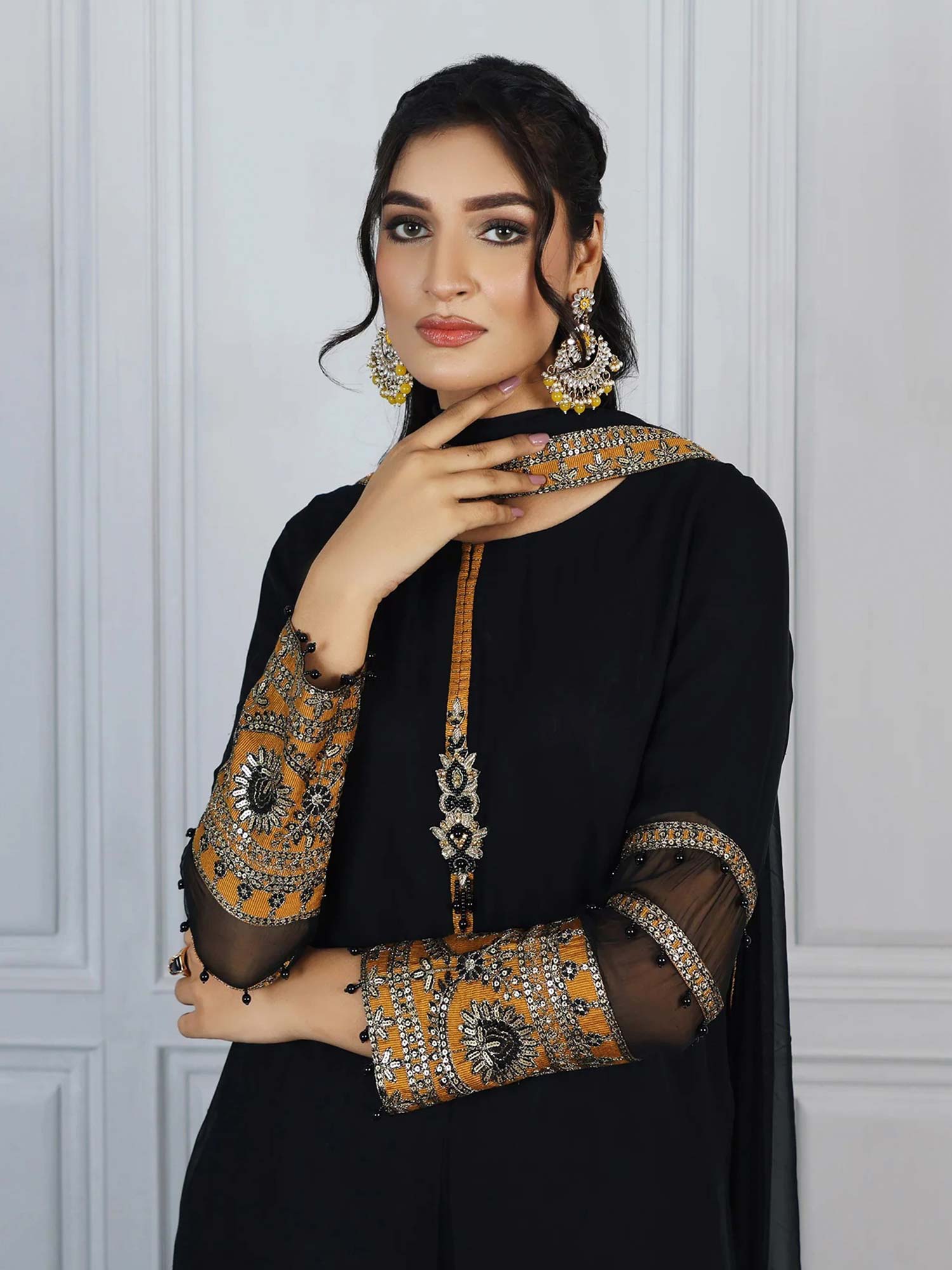 Sha Posh Embroidered Chiffon Suit - Black & Mustard